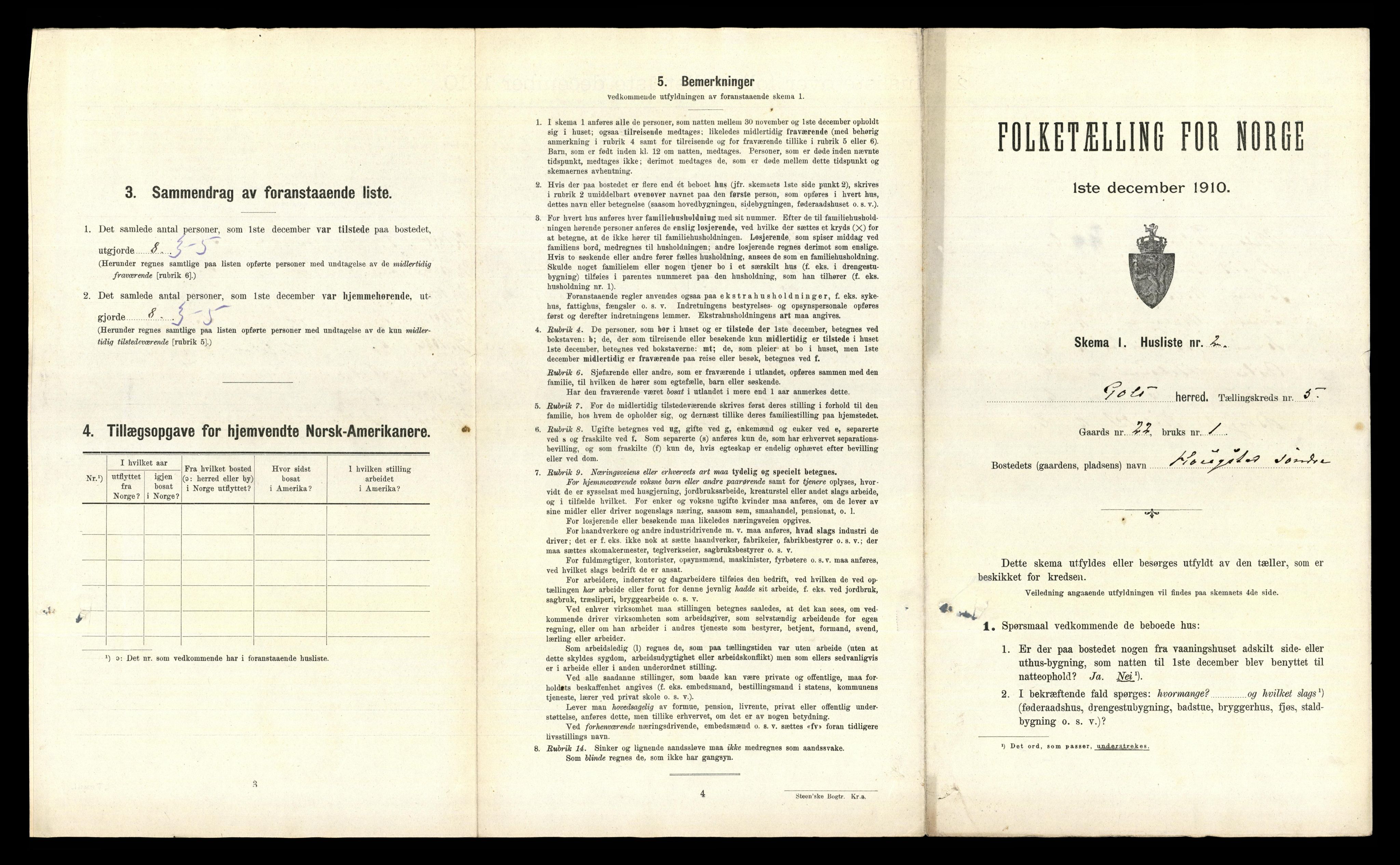 RA, 1910 census for Gol, 1910, p. 492