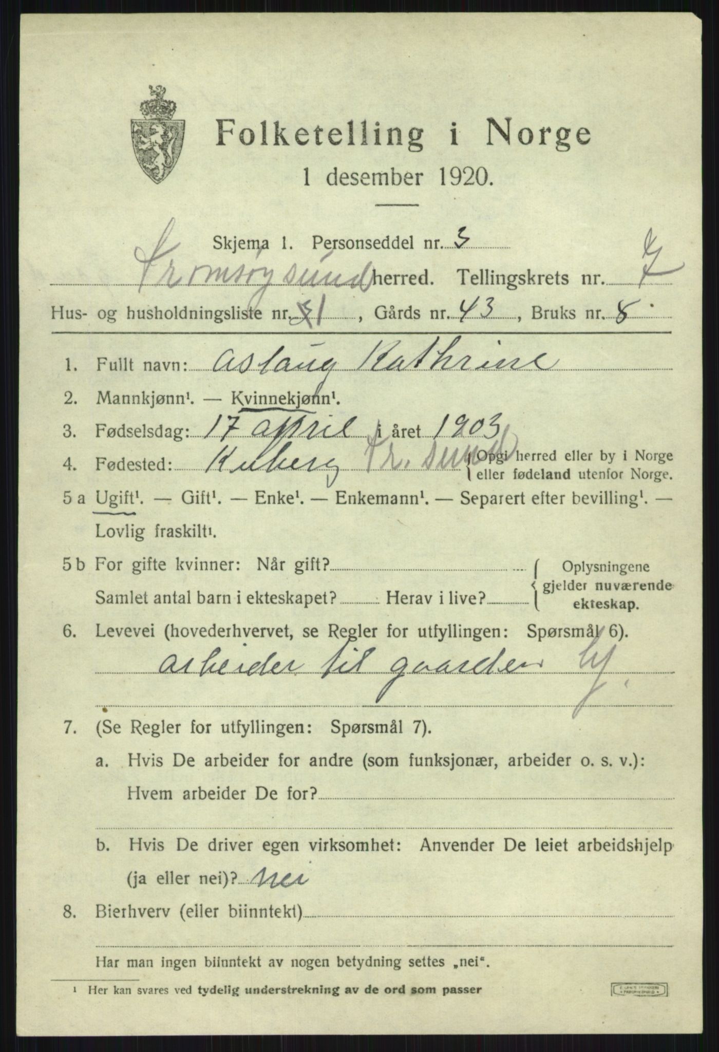 SATØ, 1920 census for Tromsøysund, 1920, p. 5798