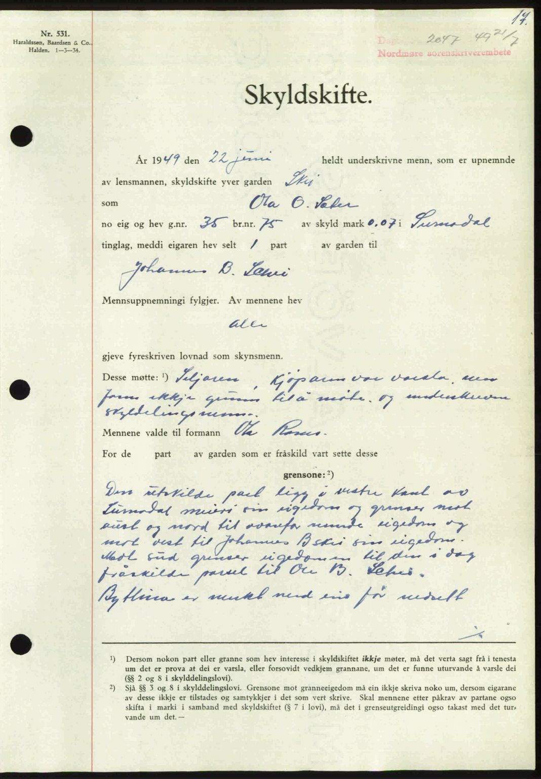 Nordmøre sorenskriveri, AV/SAT-A-4132/1/2/2Ca: Mortgage book no. A112, 1949-1949, Diary no: : 2047/1949