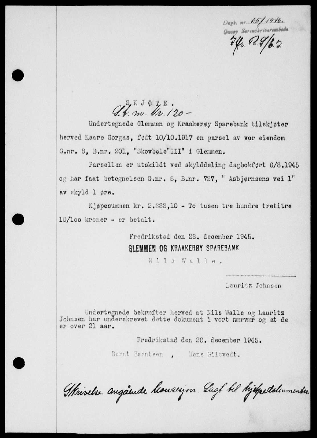 Onsøy sorenskriveri, SAO/A-10474/G/Ga/Gab/L0015: Mortgage book no. II A-15, 1945-1946, Diary no: : 65/1946