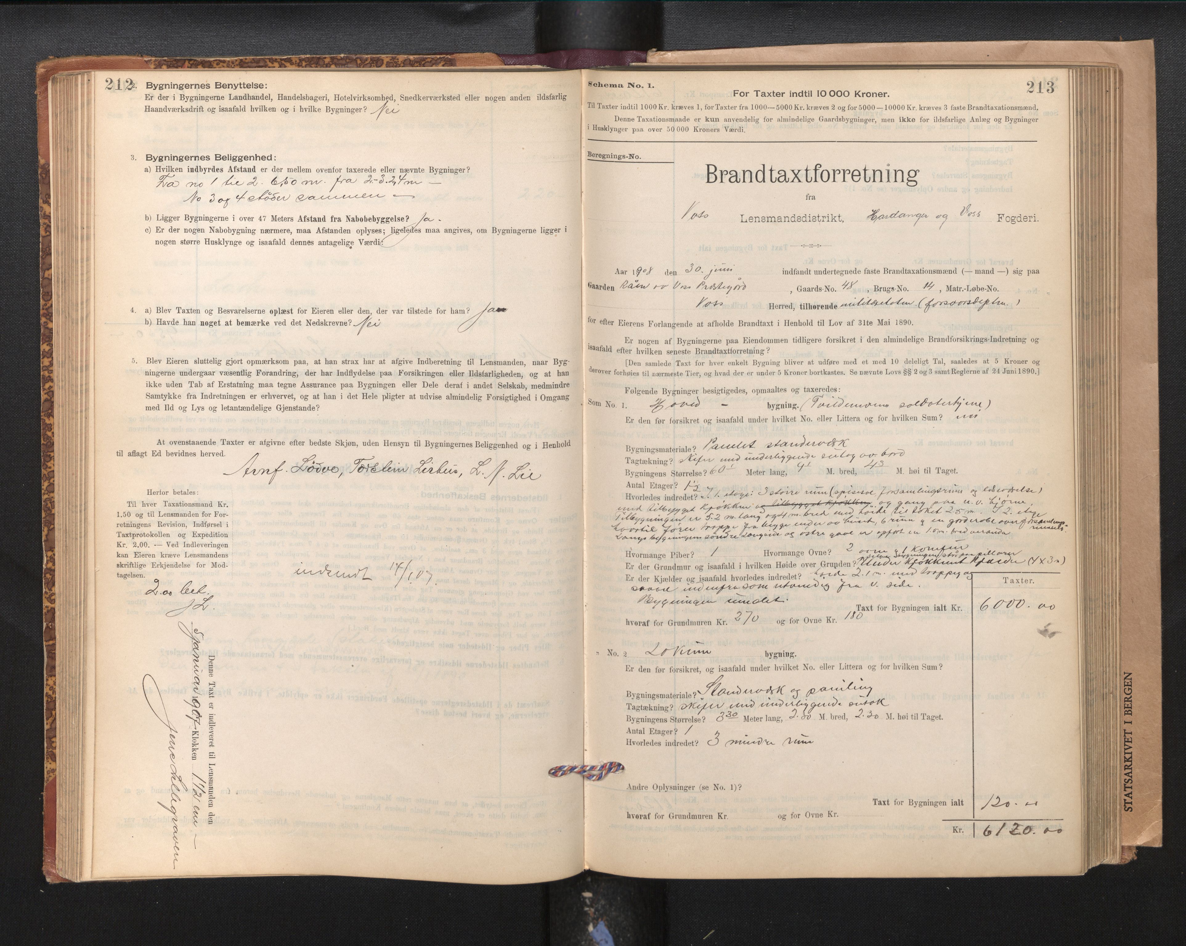 Lensmannen i Voss, SAB/A-35801/0012/L0008: Branntakstprotokoll, skjematakst, 1895-1945, p. 212-213