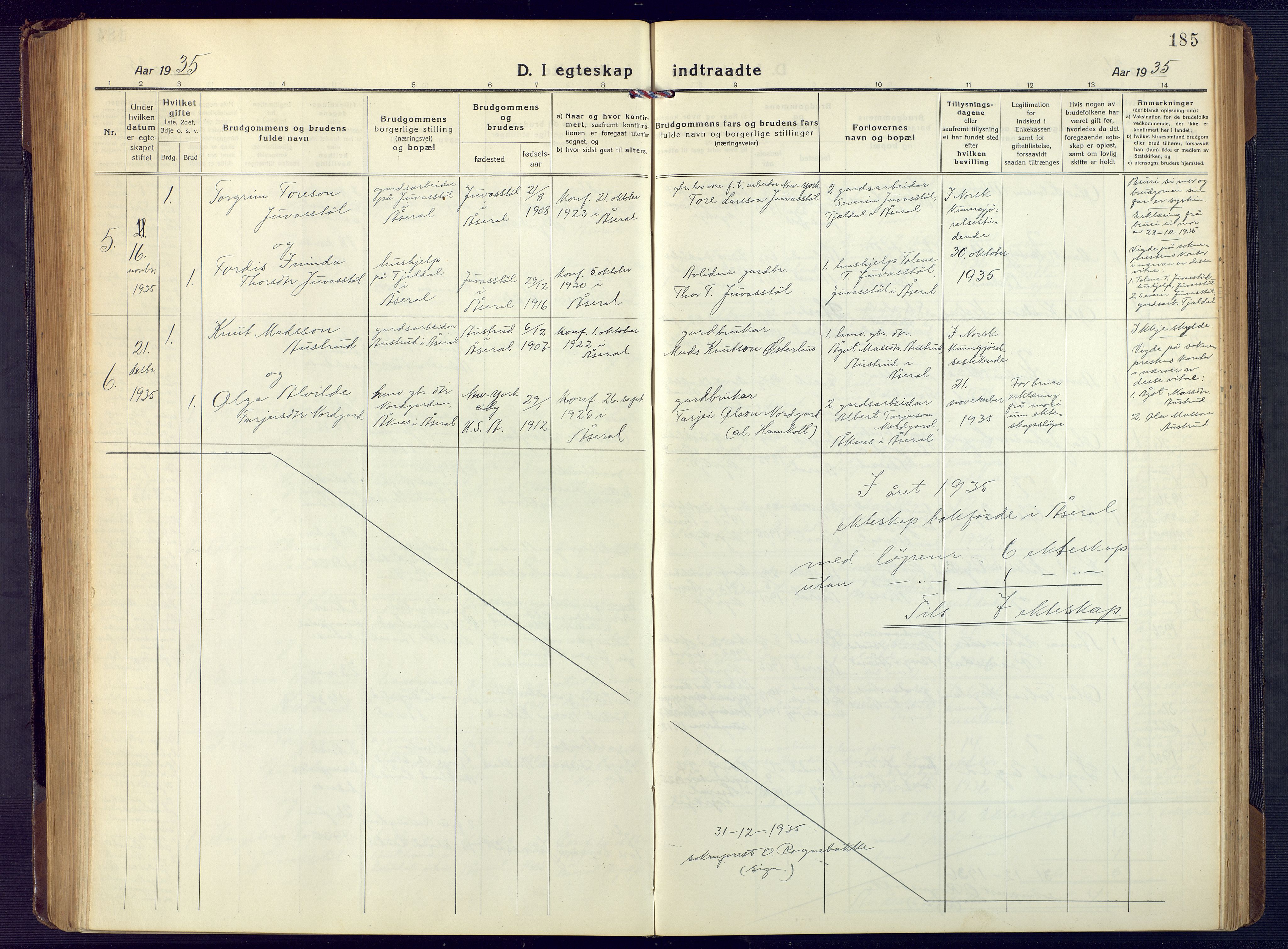 Åseral sokneprestkontor, SAK/1111-0051/F/Fb/L0004: Parish register (copy) no. B 4, 1920-1946, p. 185