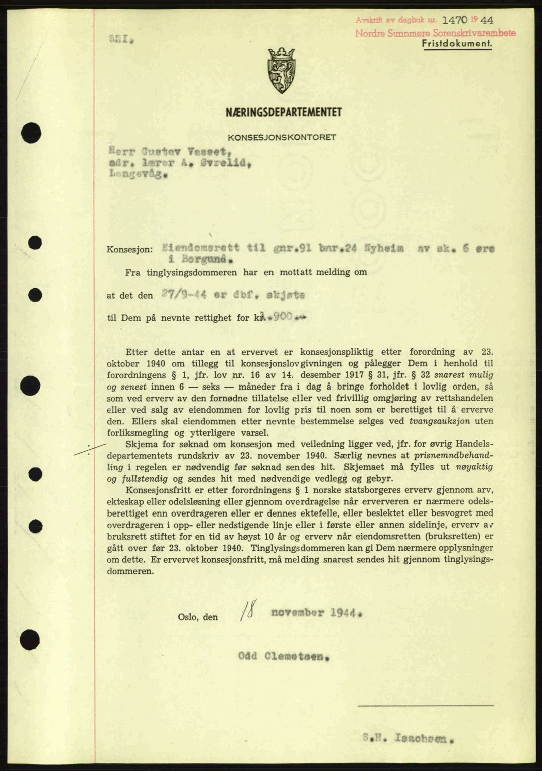 Nordre Sunnmøre sorenskriveri, SAT/A-0006/1/2/2C/2Ca: Mortgage book no. B6-14 a, 1942-1945, Diary no: : 1470/1944