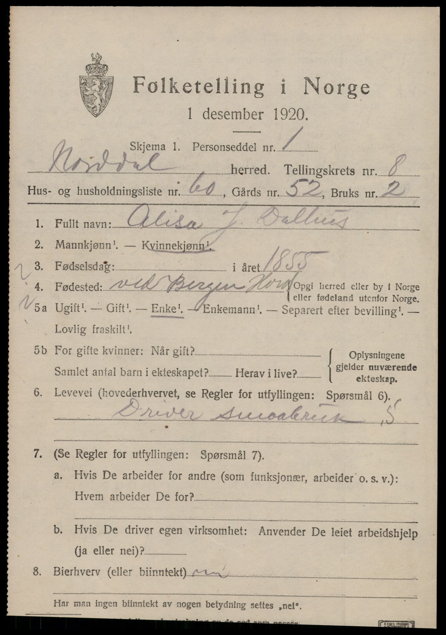 SAT, 1920 census for Norddal, 1920, p. 4785