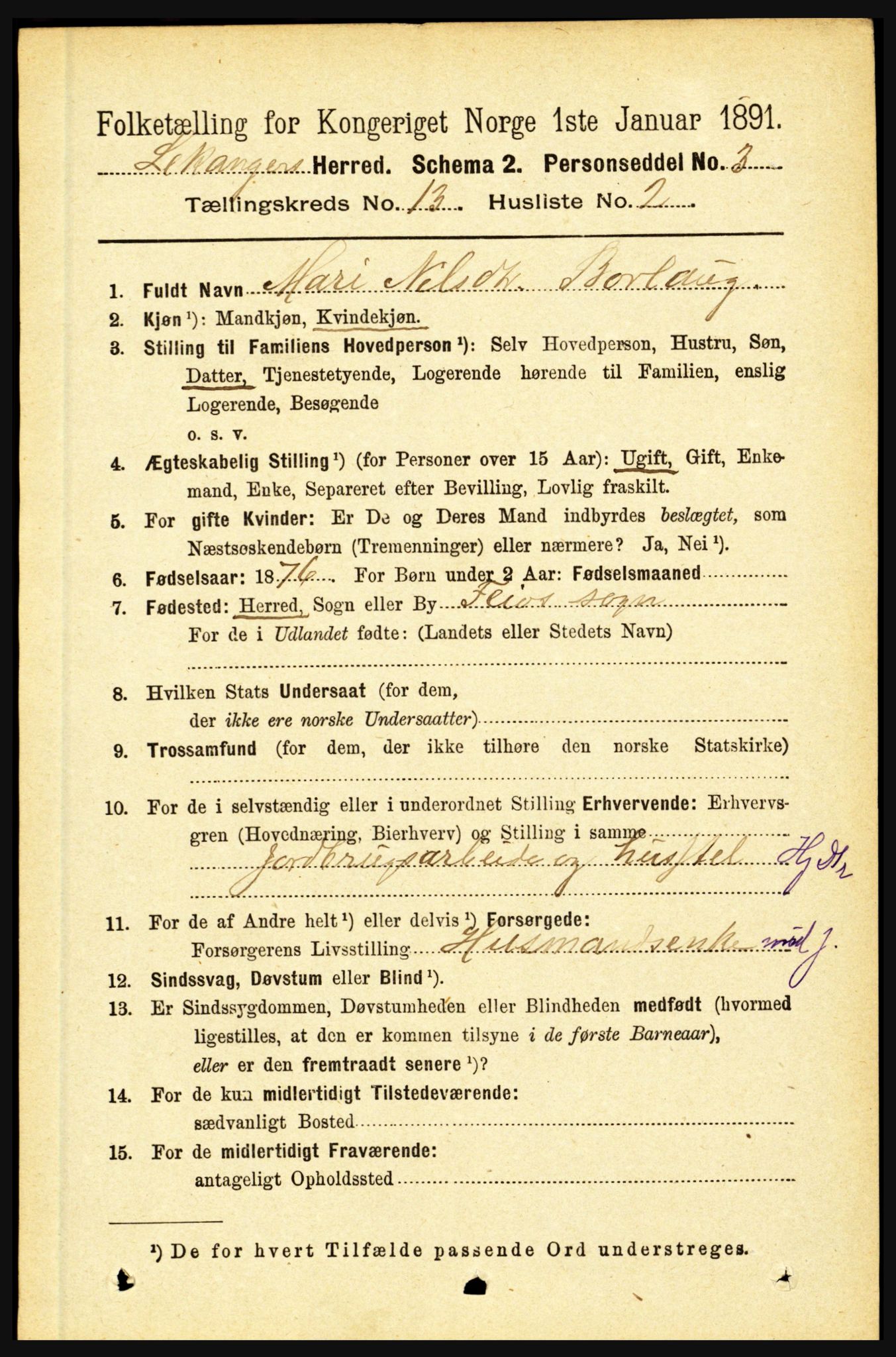 RA, 1891 census for 1419 Leikanger, 1891, p. 2466