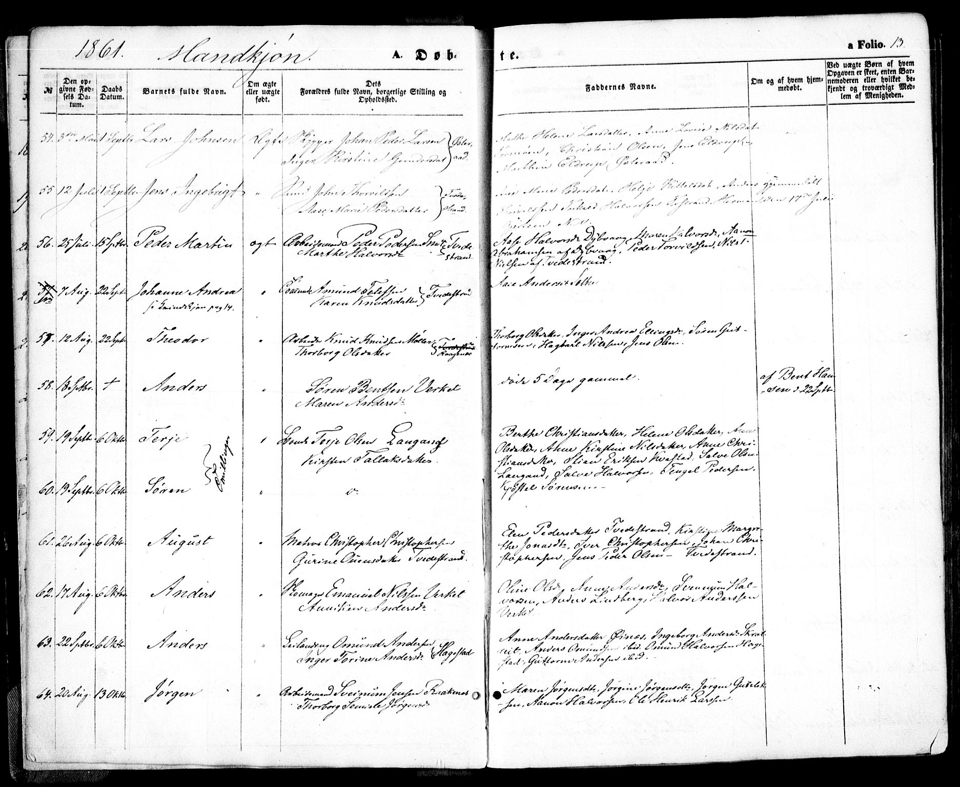 Holt sokneprestkontor, AV/SAK-1111-0021/F/Fa/L0009: Parish register (official) no. A 9, 1861-1871, p. 13