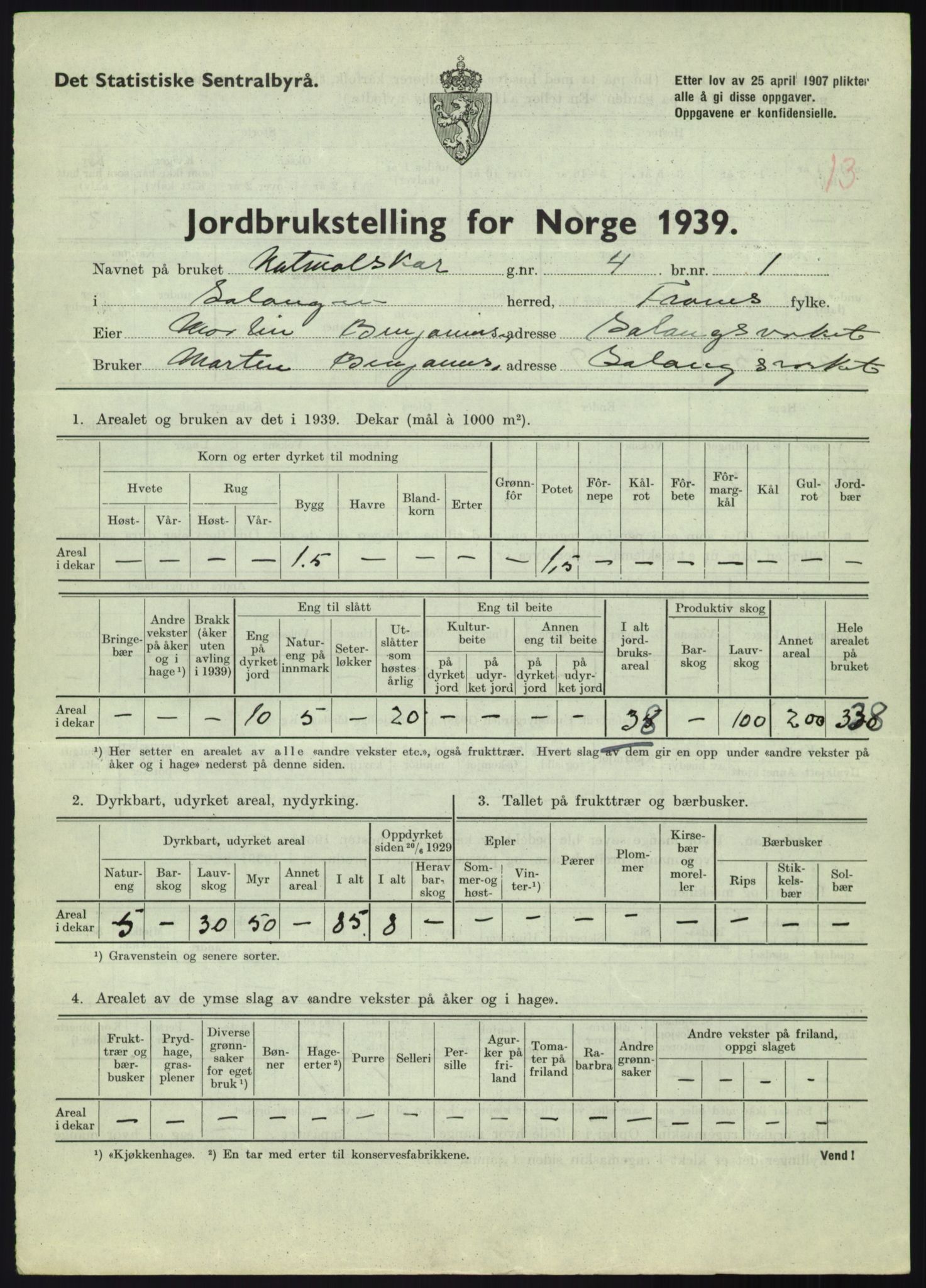 Statistisk sentralbyrå, Næringsøkonomiske emner, Jordbruk, skogbruk, jakt, fiske og fangst, AV/RA-S-2234/G/Gb/L0340: Troms: Salangen og Dyrøy, 1939, p. 436