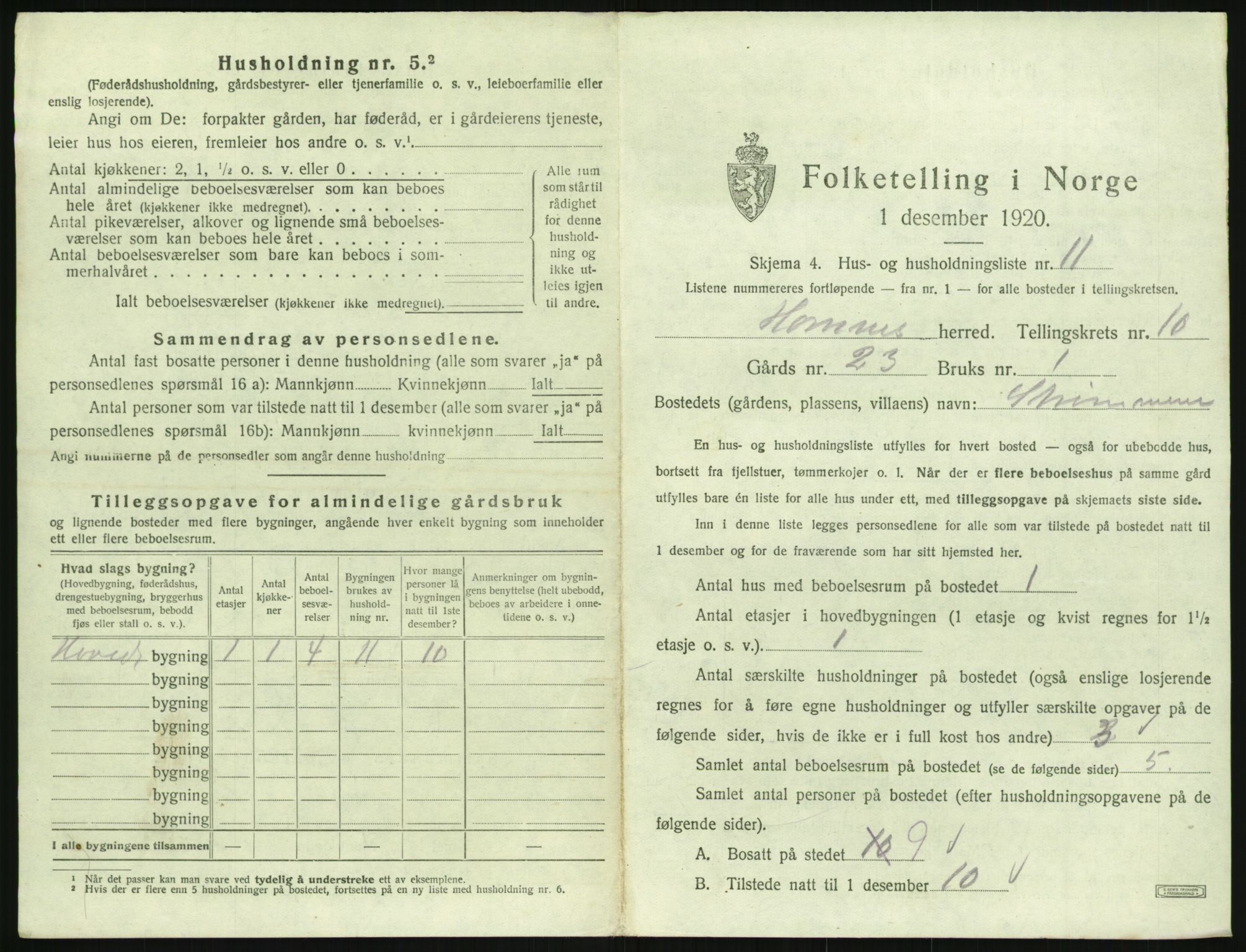 SAK, 1920 census for Hornnes, 1920, p. 427