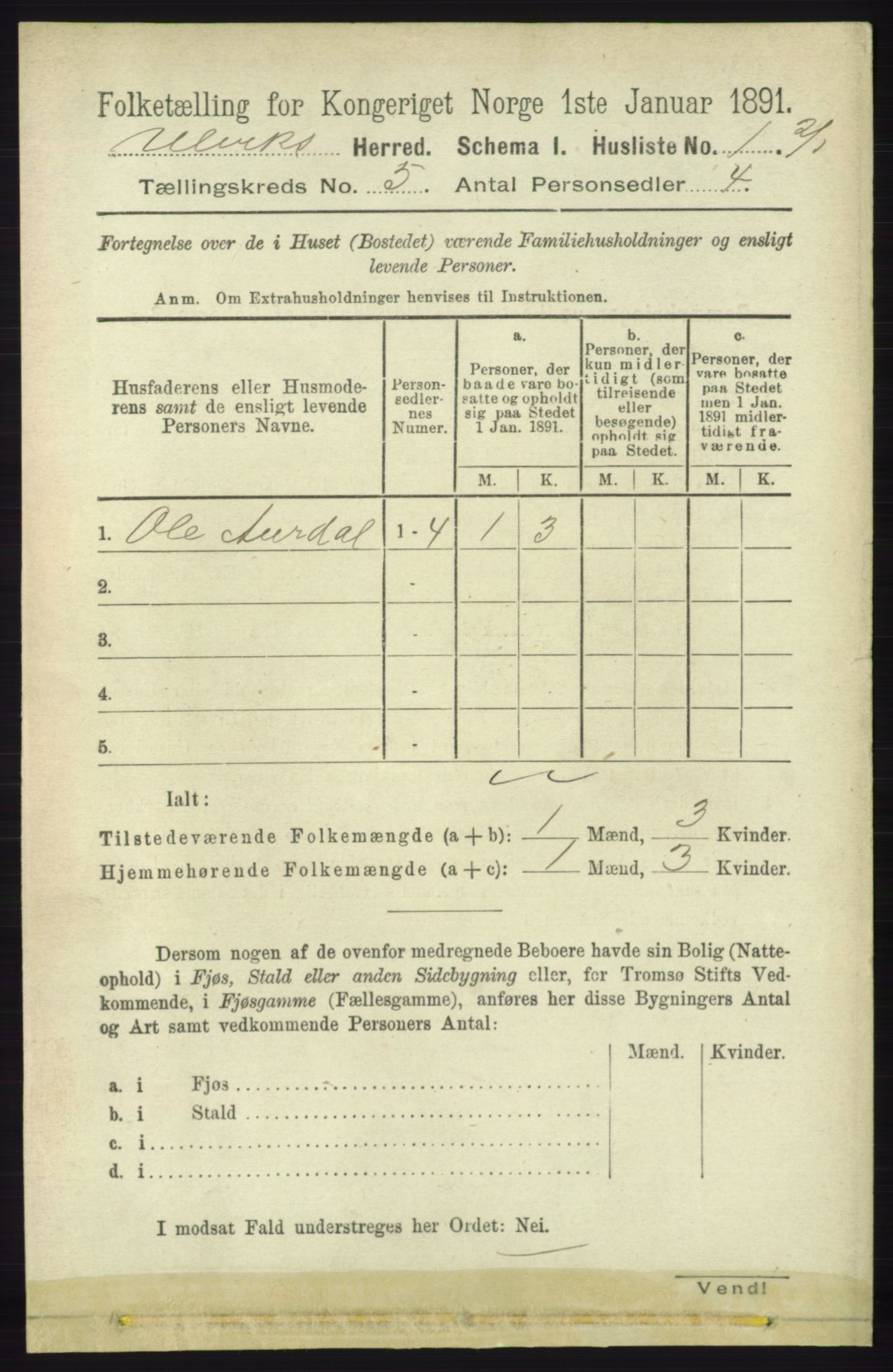 RA, 1891 census for 1233 Ulvik, 1891, p. 1323