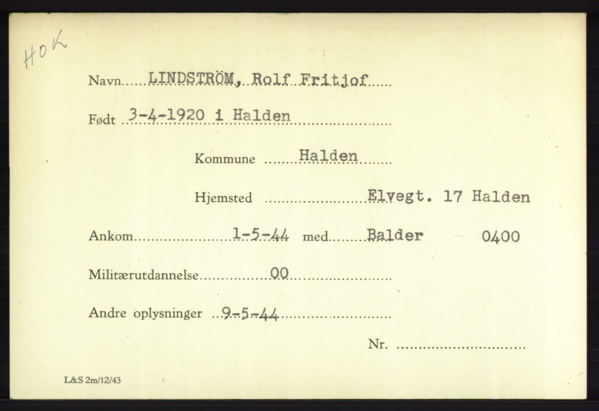 Forsvarets Overkommando. 2. kontor. Arkiv 8.1. Mottakersentralen FDE og FO.II, RA/RAFA-6952/P/Pa/L0013: Lindstrøm - Midtgård , 1940-1945, p. 3