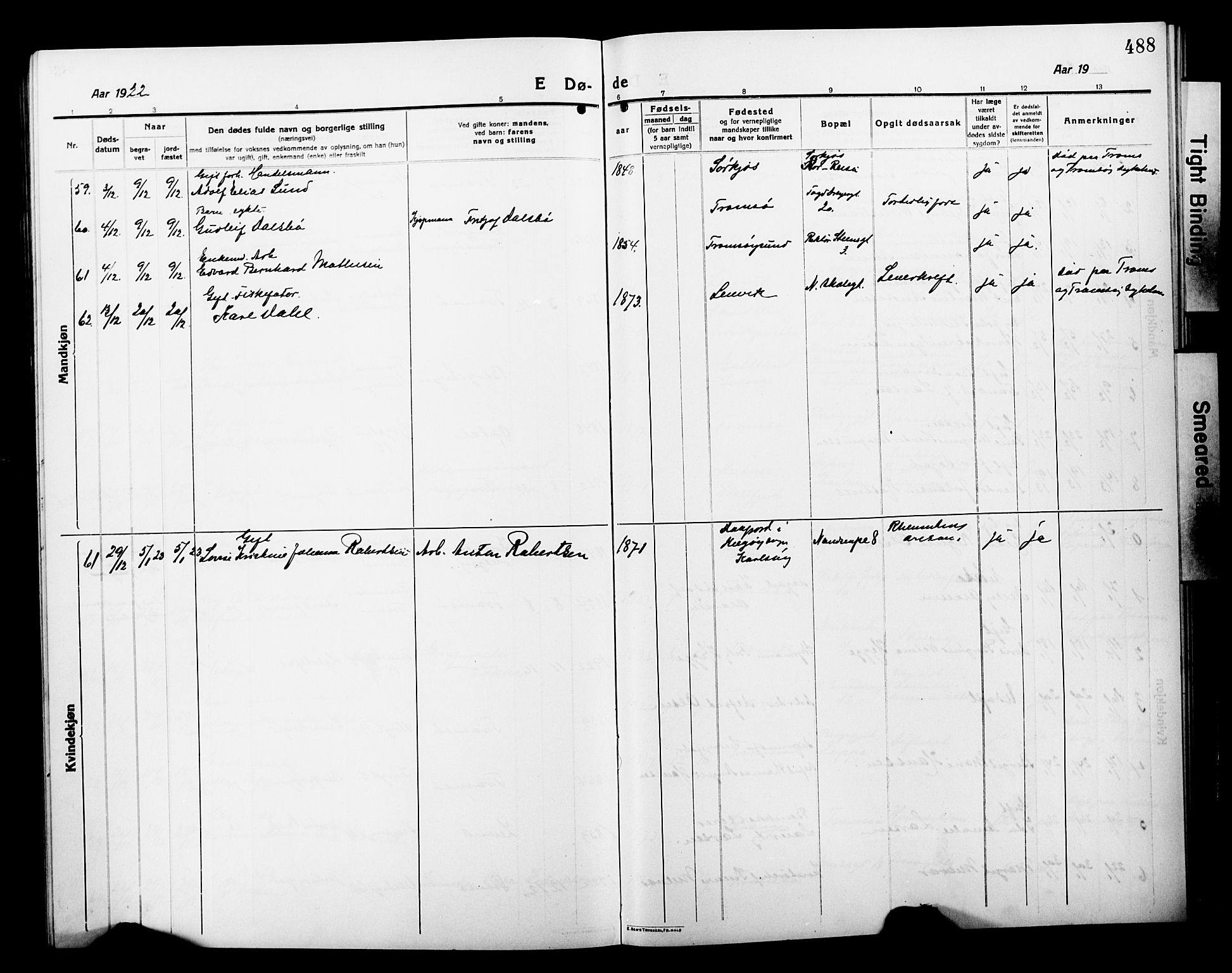 Tromsø sokneprestkontor/stiftsprosti/domprosti, SATØ/S-1343/G/Gb/L0009klokker: Parish register (copy) no. 9, 1915-1925, p. 488