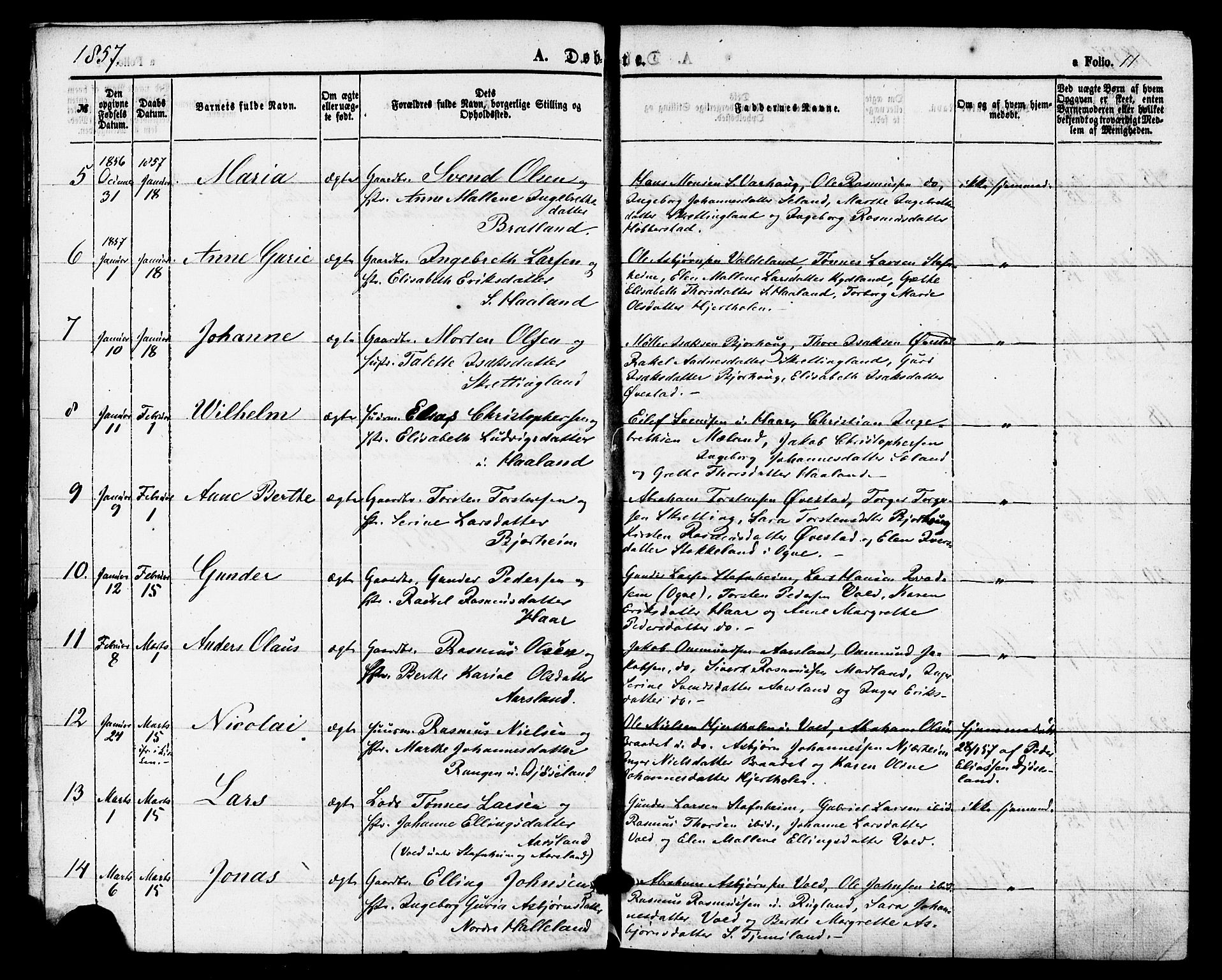 Hå sokneprestkontor, AV/SAST-A-101801/001/30BA/L0009: Parish register (official) no. A 8, 1855-1878, p. 11