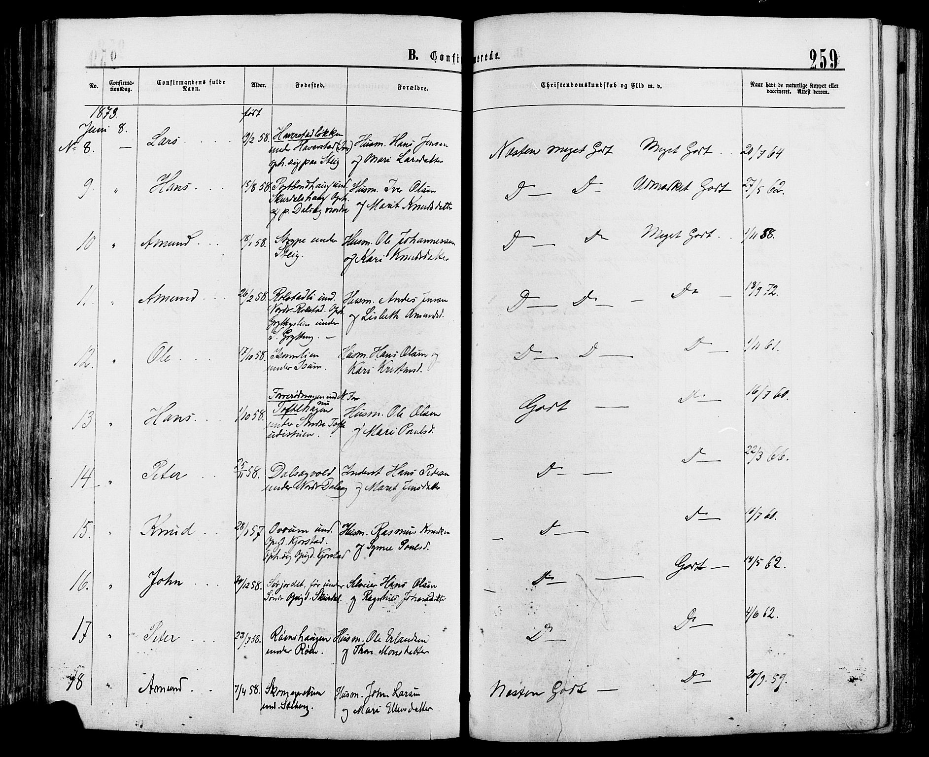 Sør-Fron prestekontor, SAH/PREST-010/H/Ha/Haa/L0002: Parish register (official) no. 2, 1864-1880, p. 259