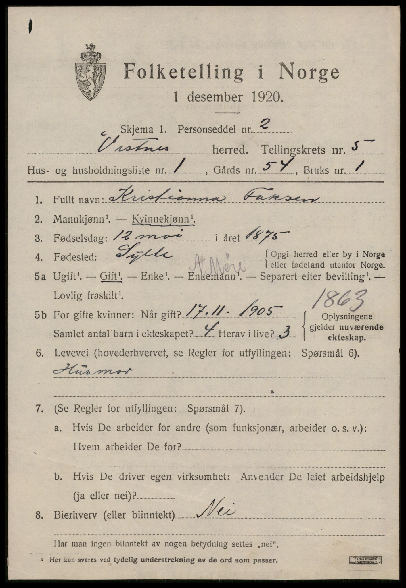 SAT, 1920 census for Vestnes, 1920, p. 3931