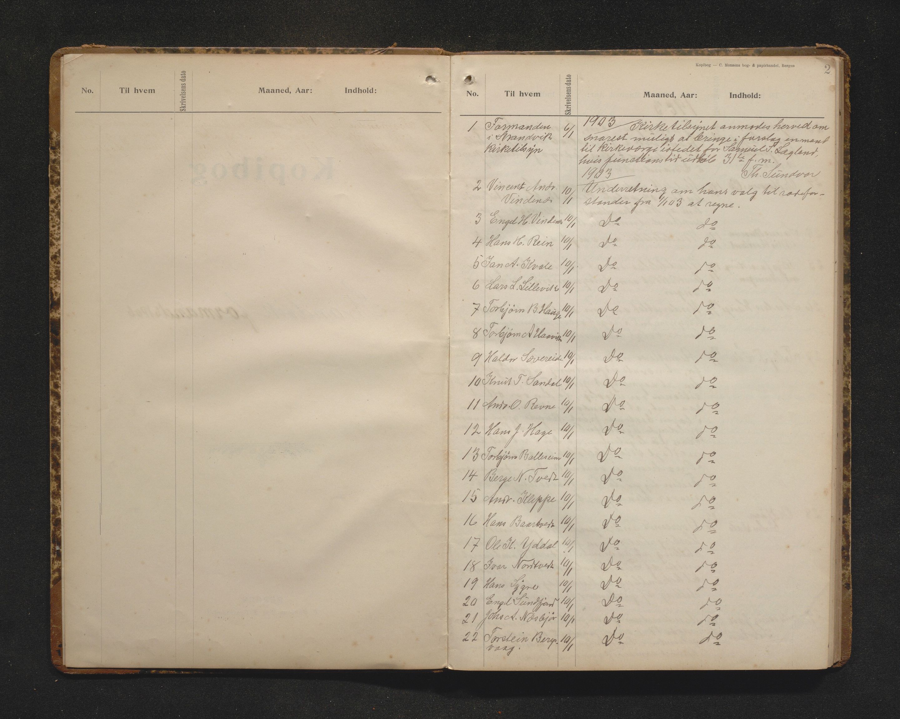 Strandvik kommune. Formannskapet, IKAH/1240-021/C/Ca/L0002: Postjournal utgåande med resyme av utgåande brev, 1903-1917