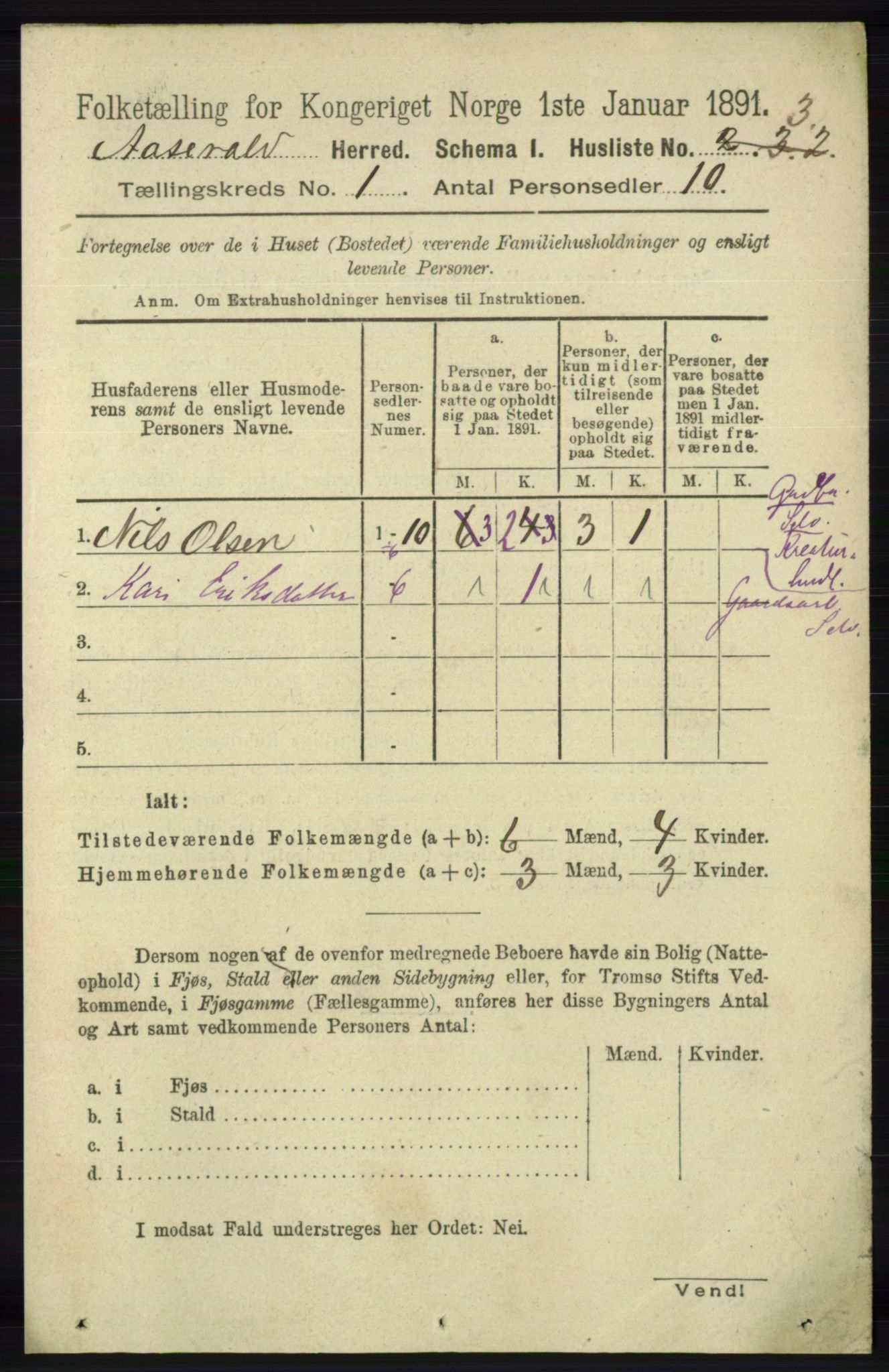 RA, 1891 census for 1026 Åseral, 1891, p. 18