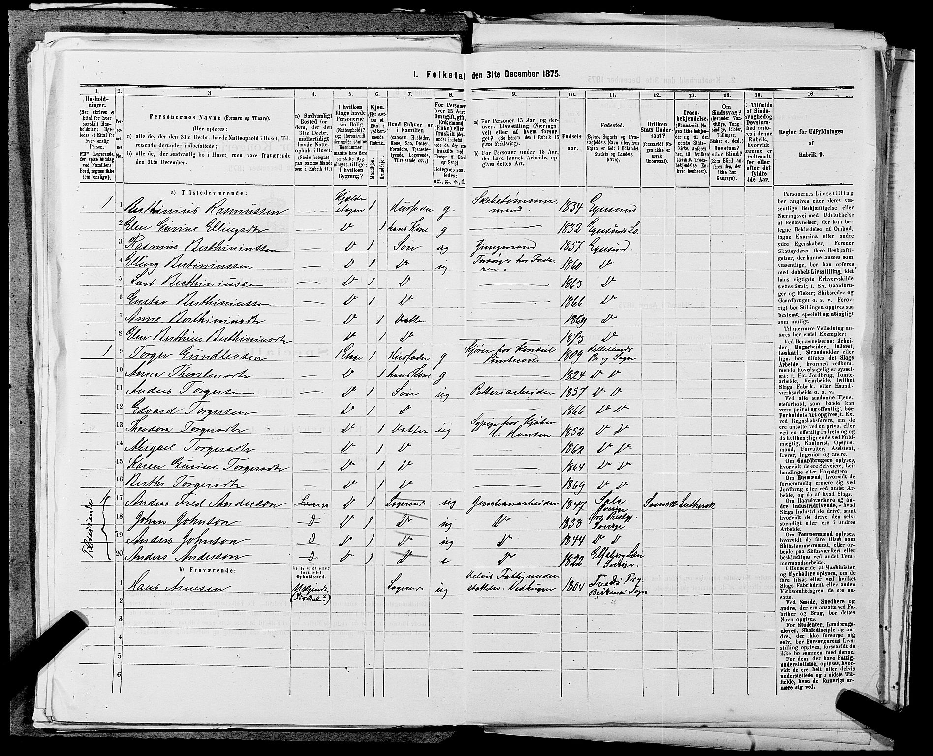 SAST, 1875 census for 1101B Eigersund parish, Egersund town, 1875, p. 366