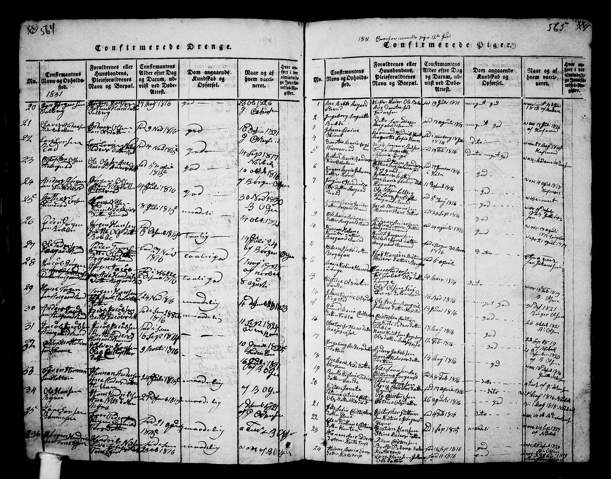 Borre kirkebøker, SAKO/A-338/G/Ga/L0001: Parish register (copy) no. I 1, 1815-1851, p. 564-565