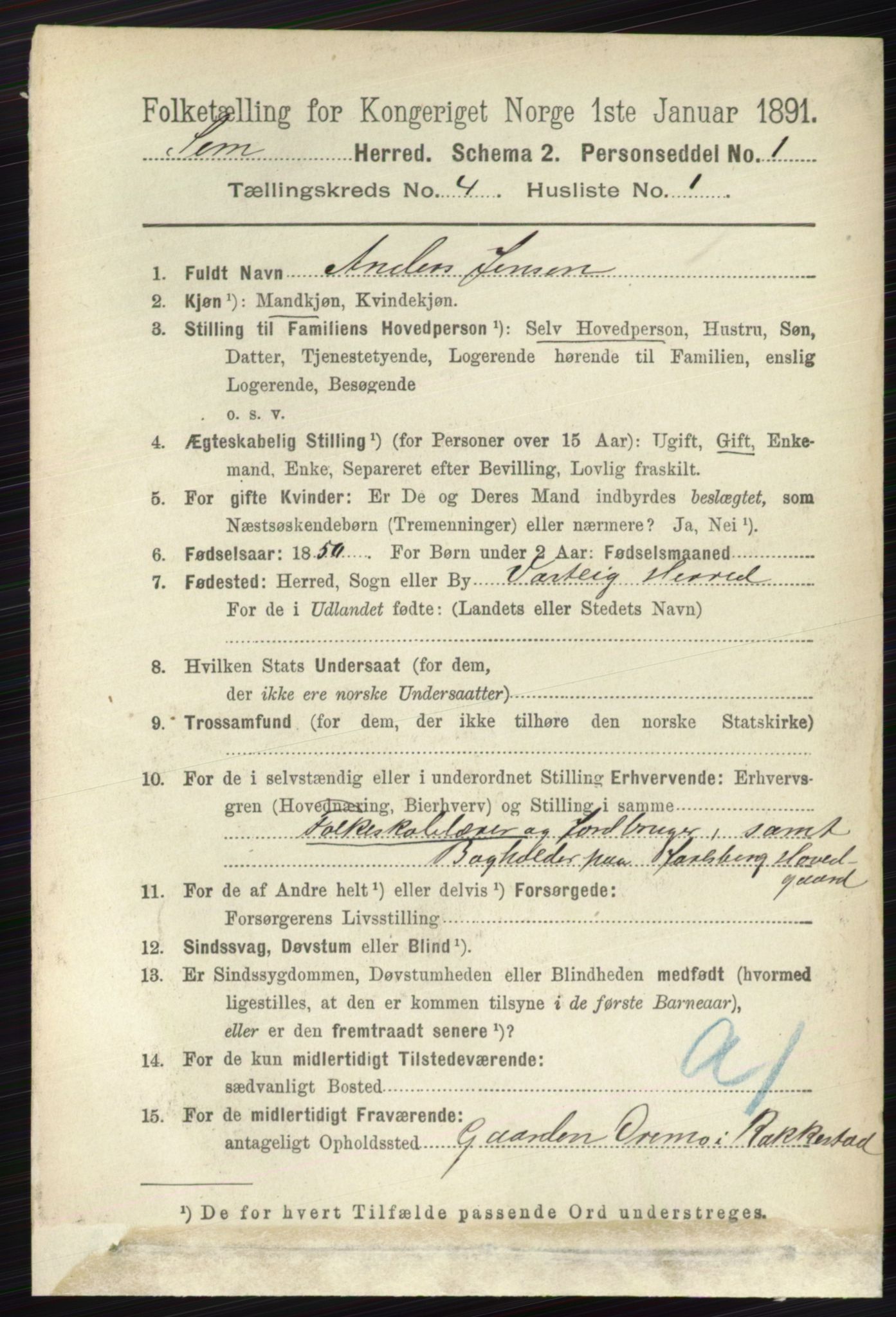 RA, 1891 census for 0721 Sem, 1891, p. 1540