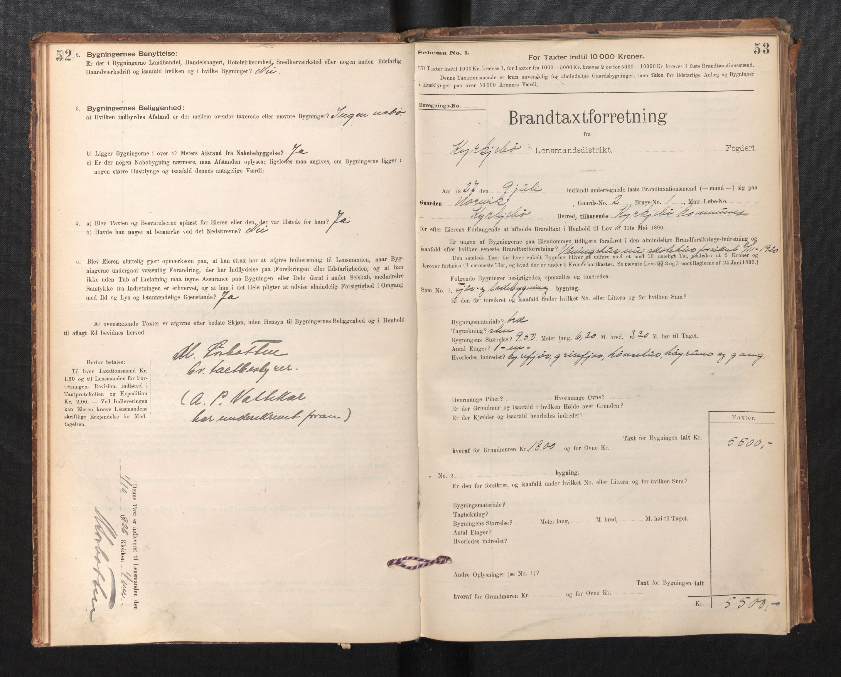 Lensmannen i Kyrkjebø, SAB/A-29001/0012/L0006: Branntakstprotokoll, skjematakst, 1900-1939, p. 52-53