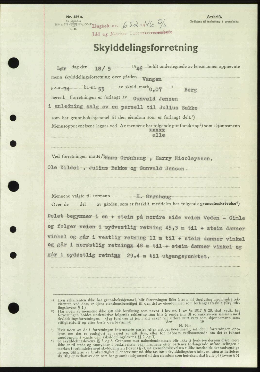 Idd og Marker sorenskriveri, AV/SAO-A-10283/G/Gb/Gbb/L0008: Mortgage book no. A8, 1946-1946, Diary no: : 652/1946