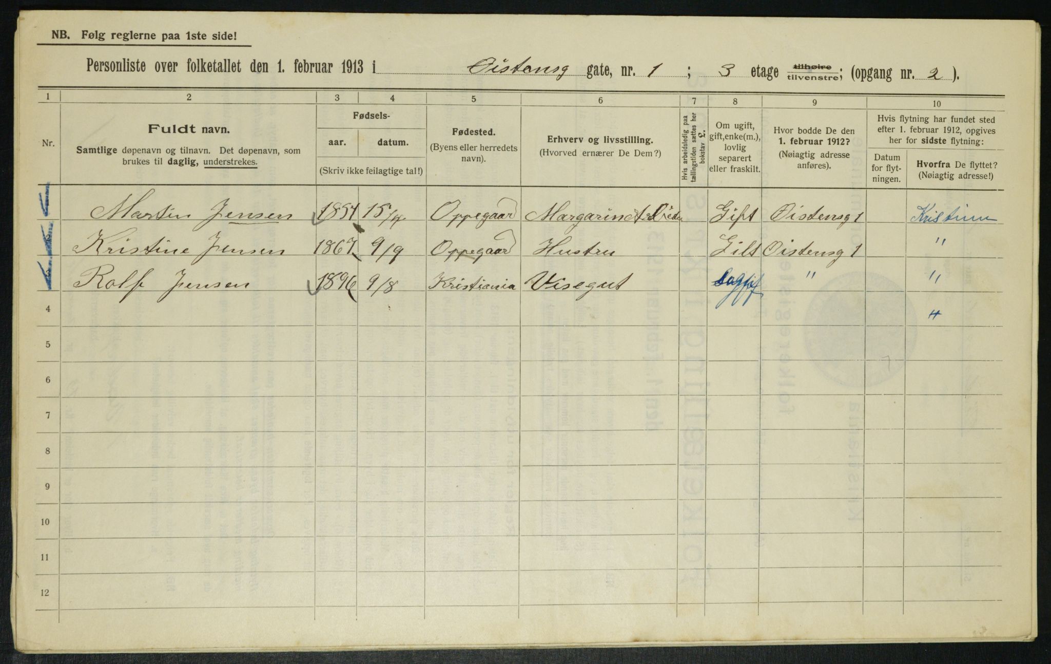 OBA, Municipal Census 1913 for Kristiania, 1913, p. 130172