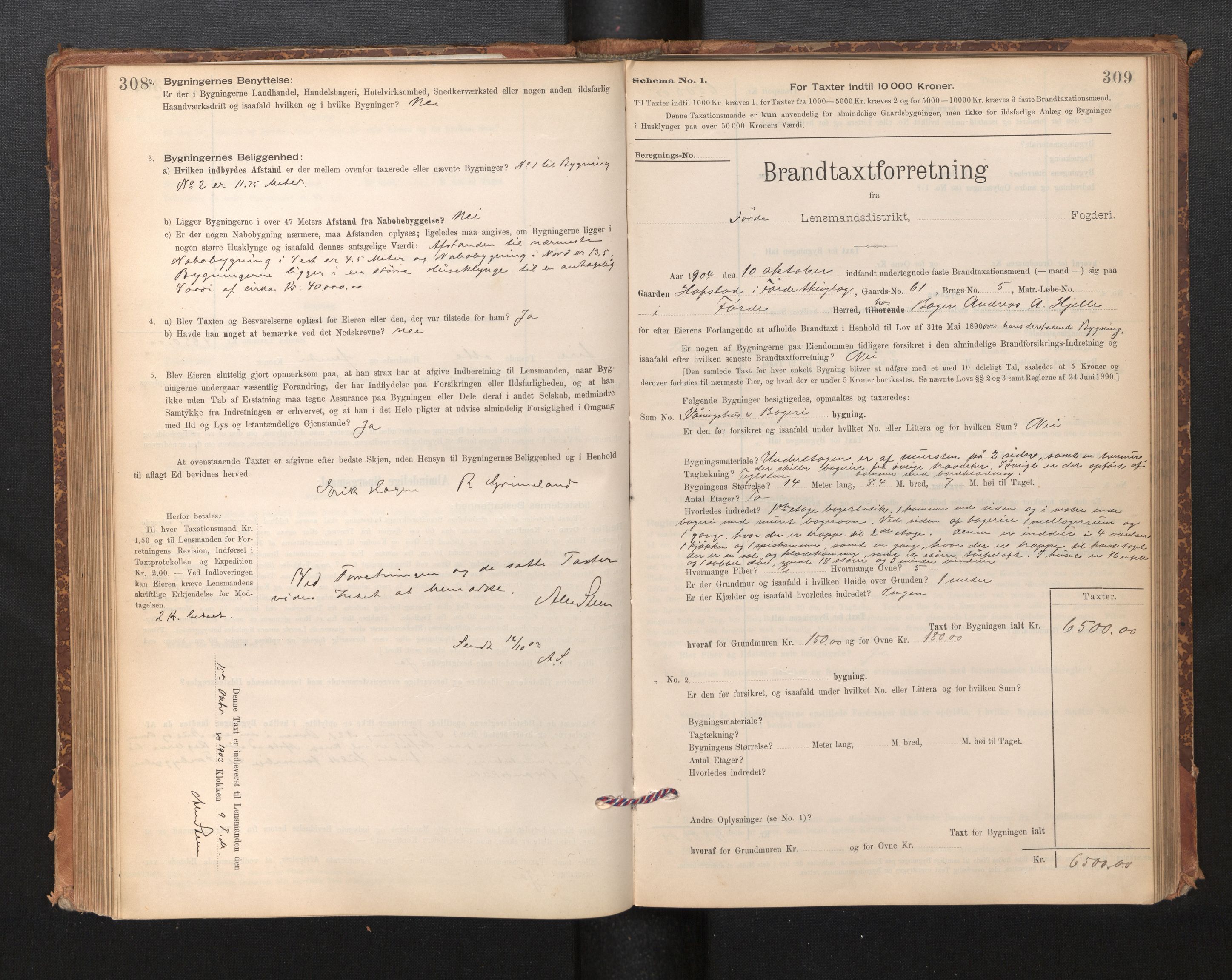 Lensmannen i Førde, SAB/A-27401/0012/L0008: Branntakstprotokoll, skjematakst, 1895-1922, p. 308-309
