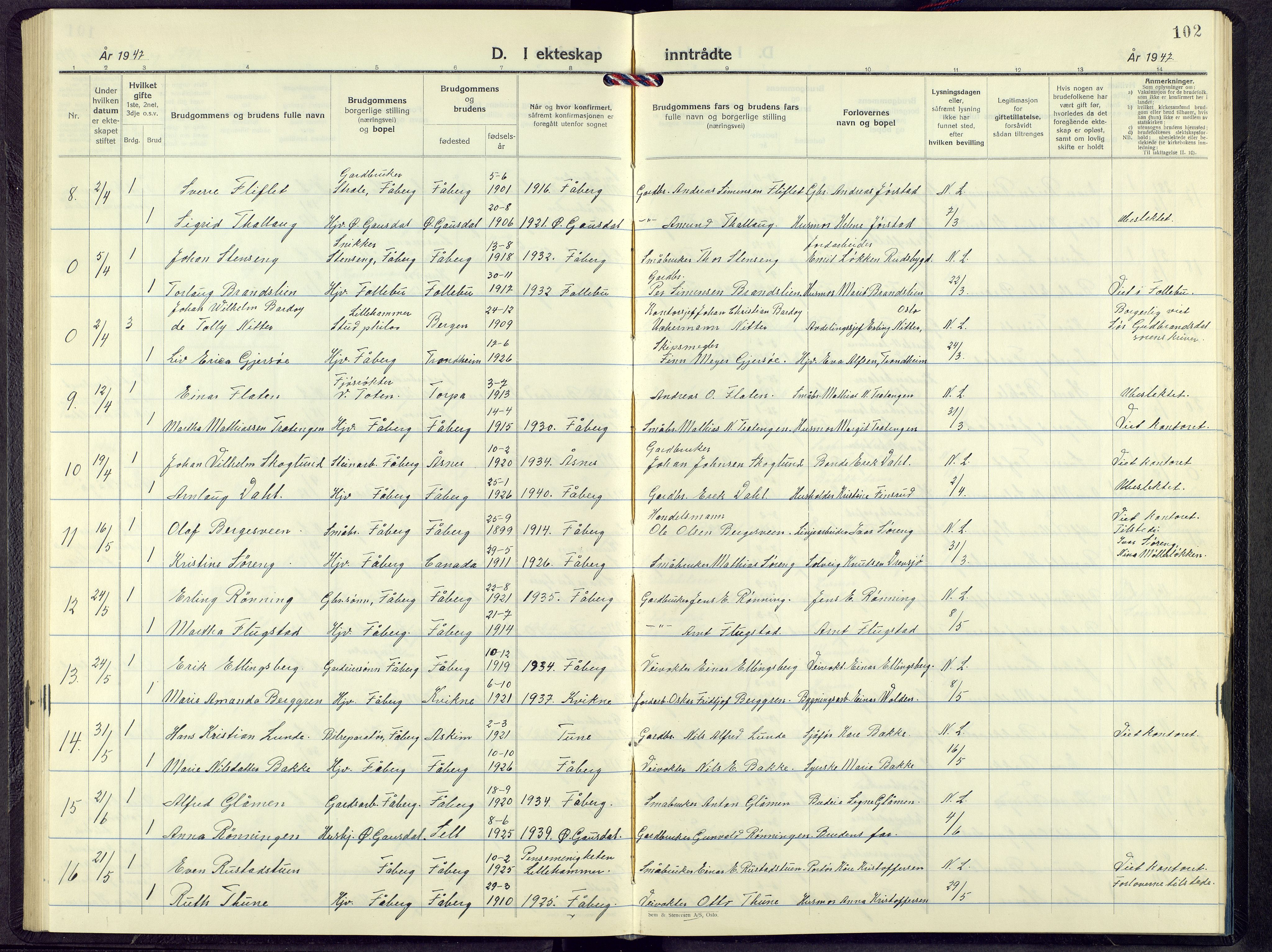 Fåberg prestekontor, AV/SAH-PREST-086/H/Ha/Hab/L0017: Parish register (copy) no. 17, 1946-1970, p. 102