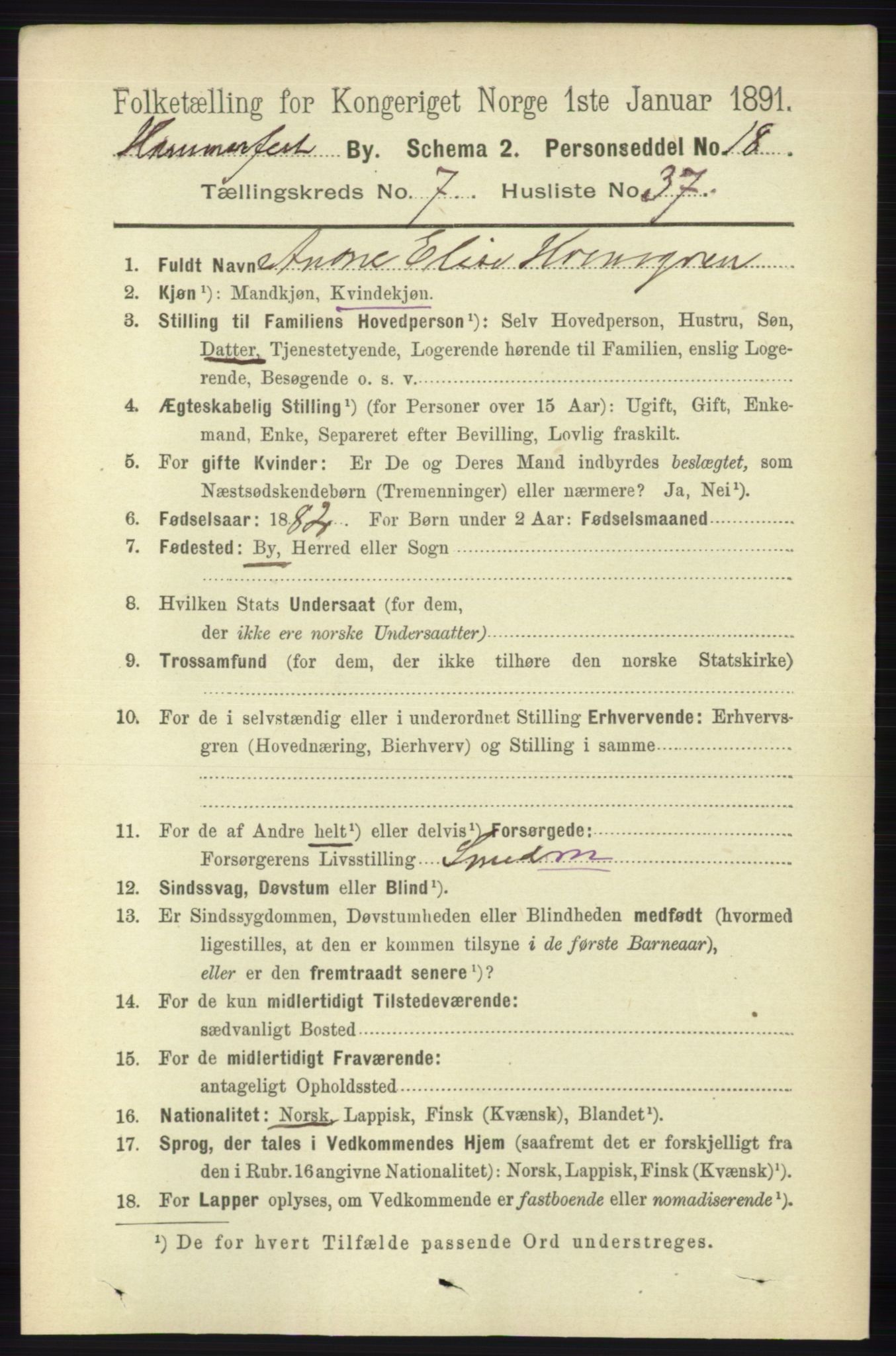 RA, 1891 census for 2001 Hammerfest, 1891, p. 2767