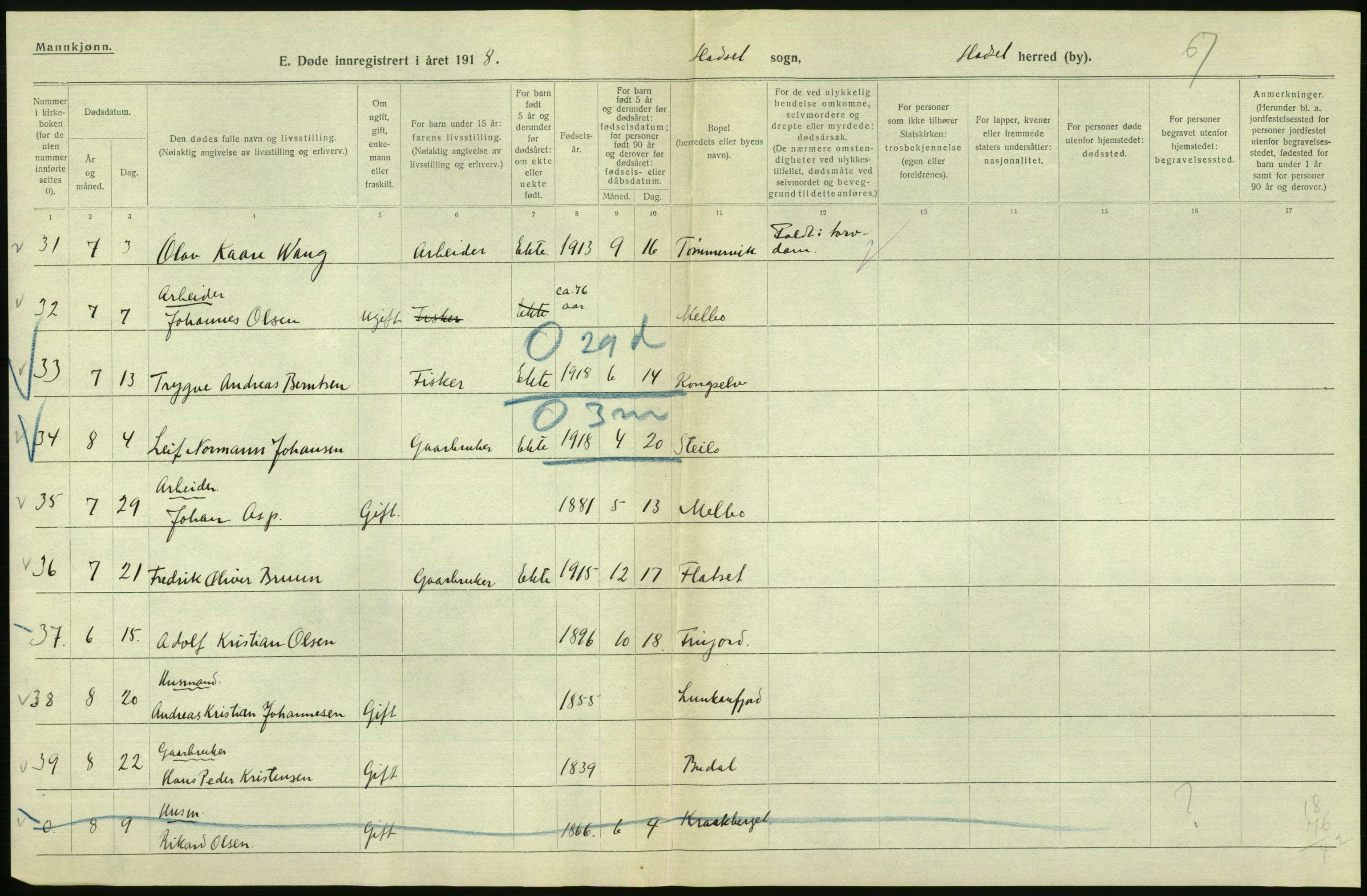 Statistisk sentralbyrå, Sosiodemografiske emner, Befolkning, AV/RA-S-2228/D/Df/Dfb/Dfbh/L0055: Nordland fylke: Døde. Bygder og byer., 1918, p. 450