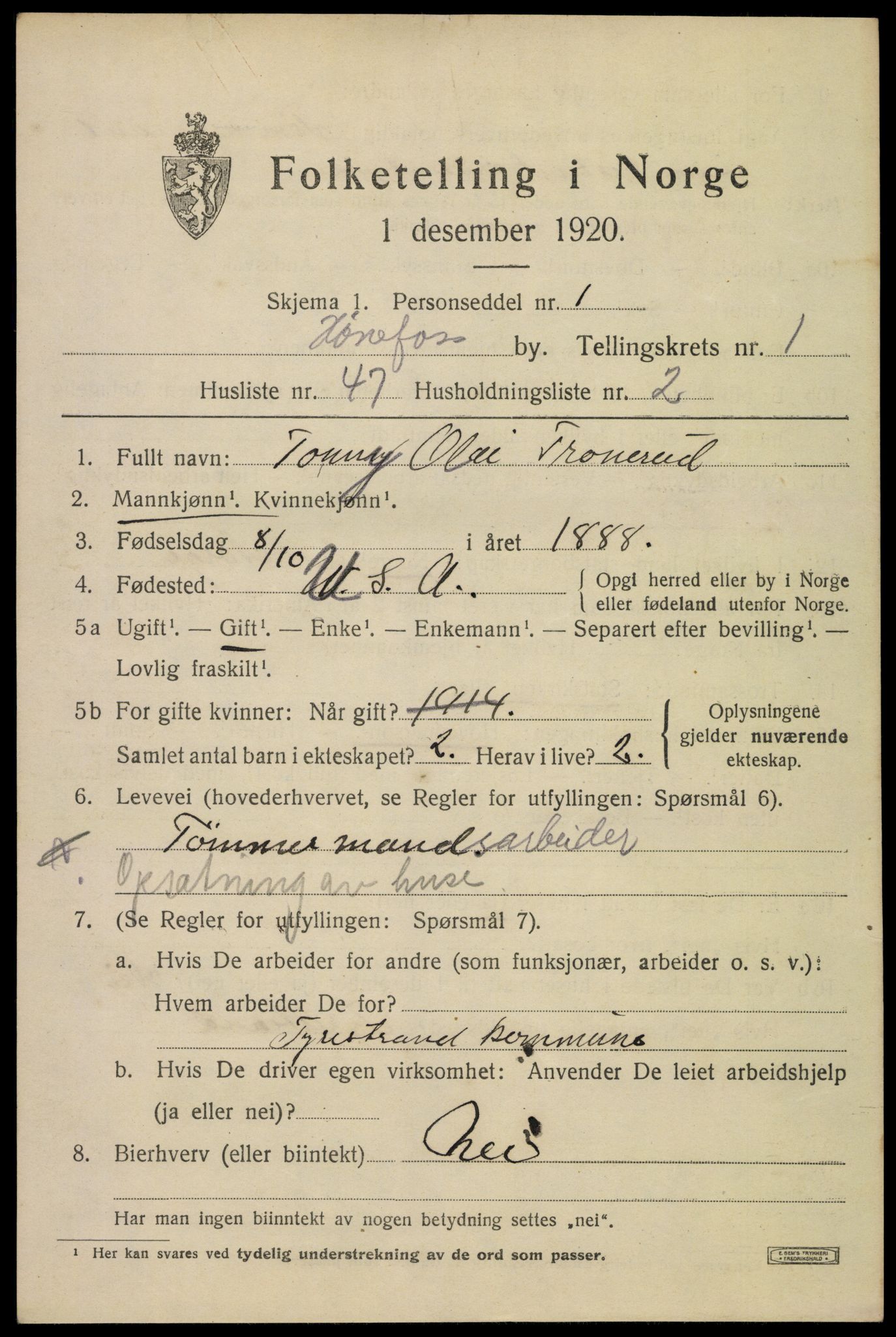 SAKO, 1920 census for Hønefoss, 1920, p. 3164