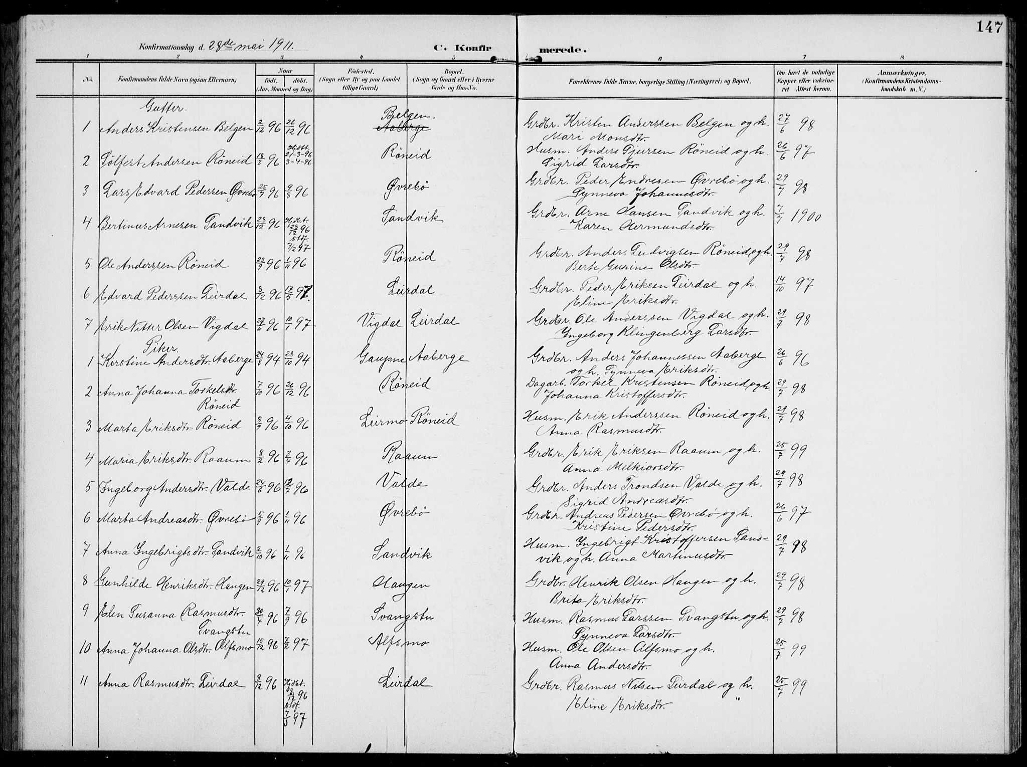 Jostedal sokneprestembete, SAB/A-80601/H/Hab/Habc/L0001: Parish register (copy) no. C 1, 1903-1939, p. 147