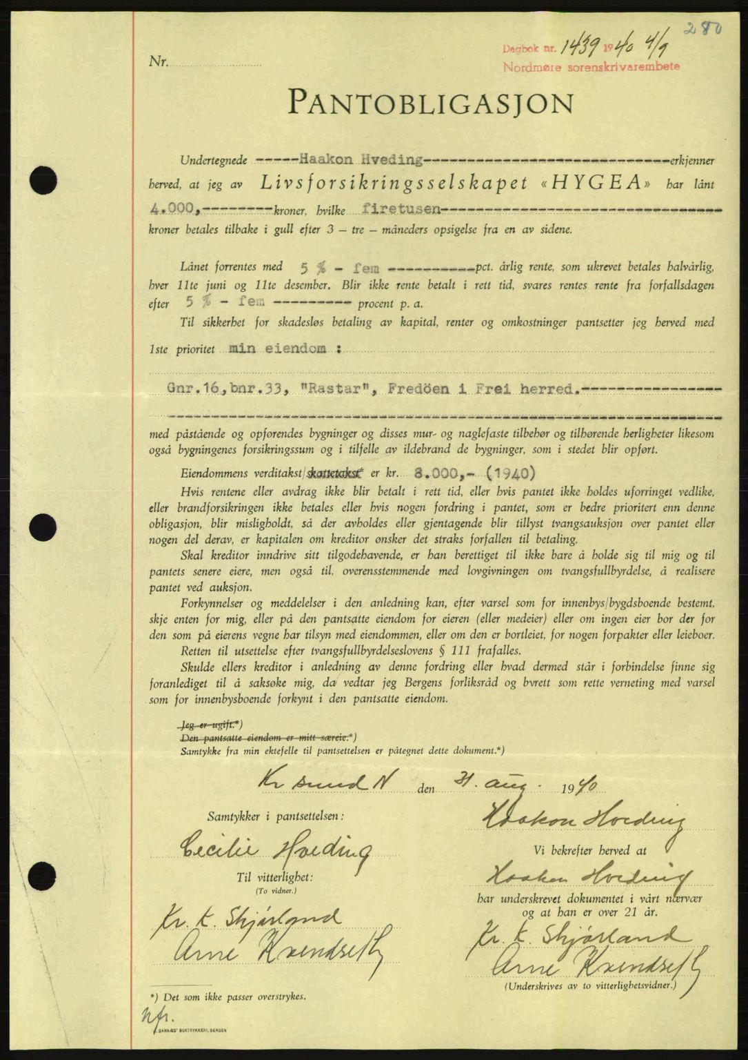 Nordmøre sorenskriveri, AV/SAT-A-4132/1/2/2Ca: Mortgage book no. B87, 1940-1941, Diary no: : 1439/1940