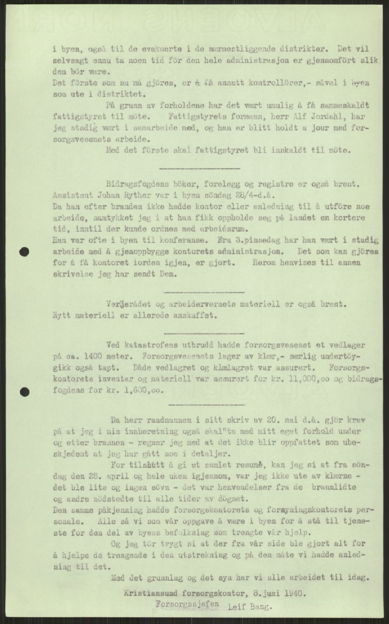 Forsvaret, Forsvarets krigshistoriske avdeling, AV/RA-RAFA-2017/Y/Ya/L0015: II-C-11-31 - Fylkesmenn.  Rapporter om krigsbegivenhetene 1940., 1940, p. 664