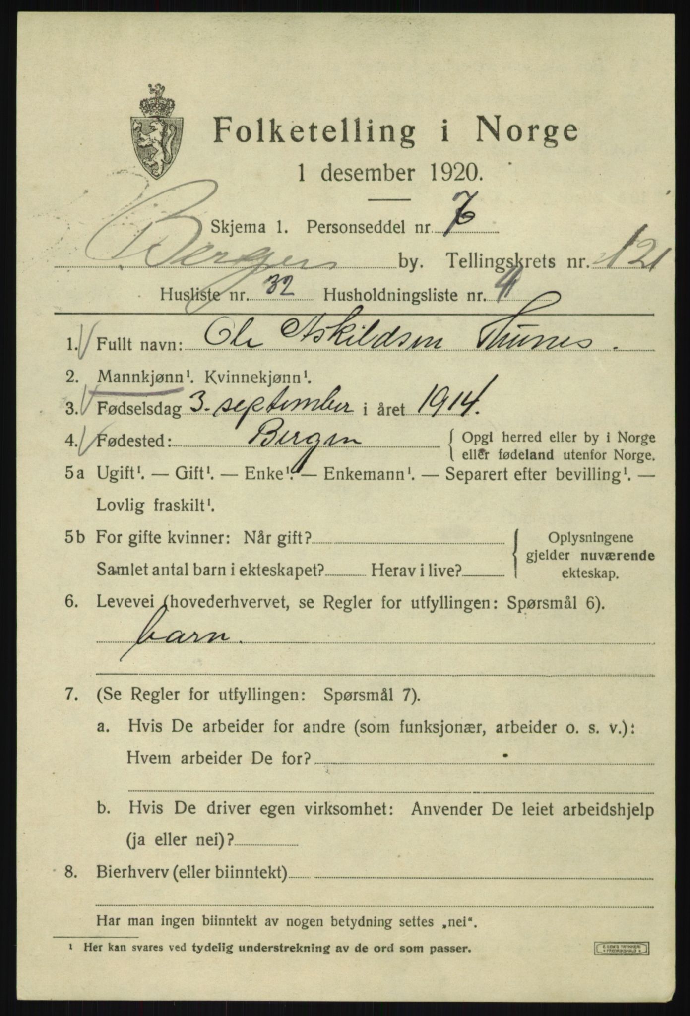 SAB, 1920 census for Bergen, 1920, p. 204368