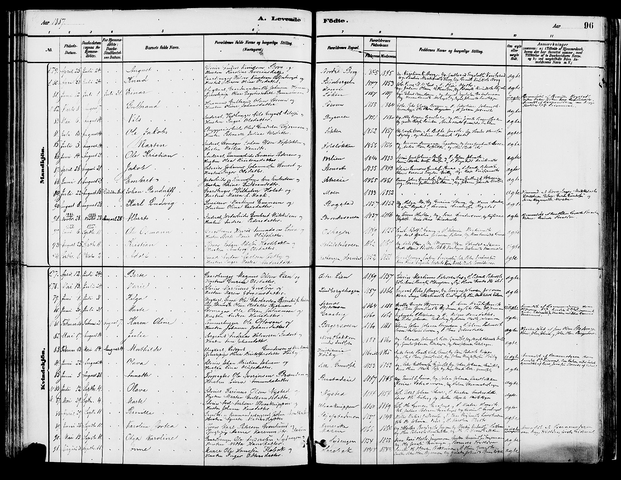 Elverum prestekontor, AV/SAH-PREST-044/H/Ha/Haa/L0013: Parish register (official) no. 13, 1880-1890, p. 96