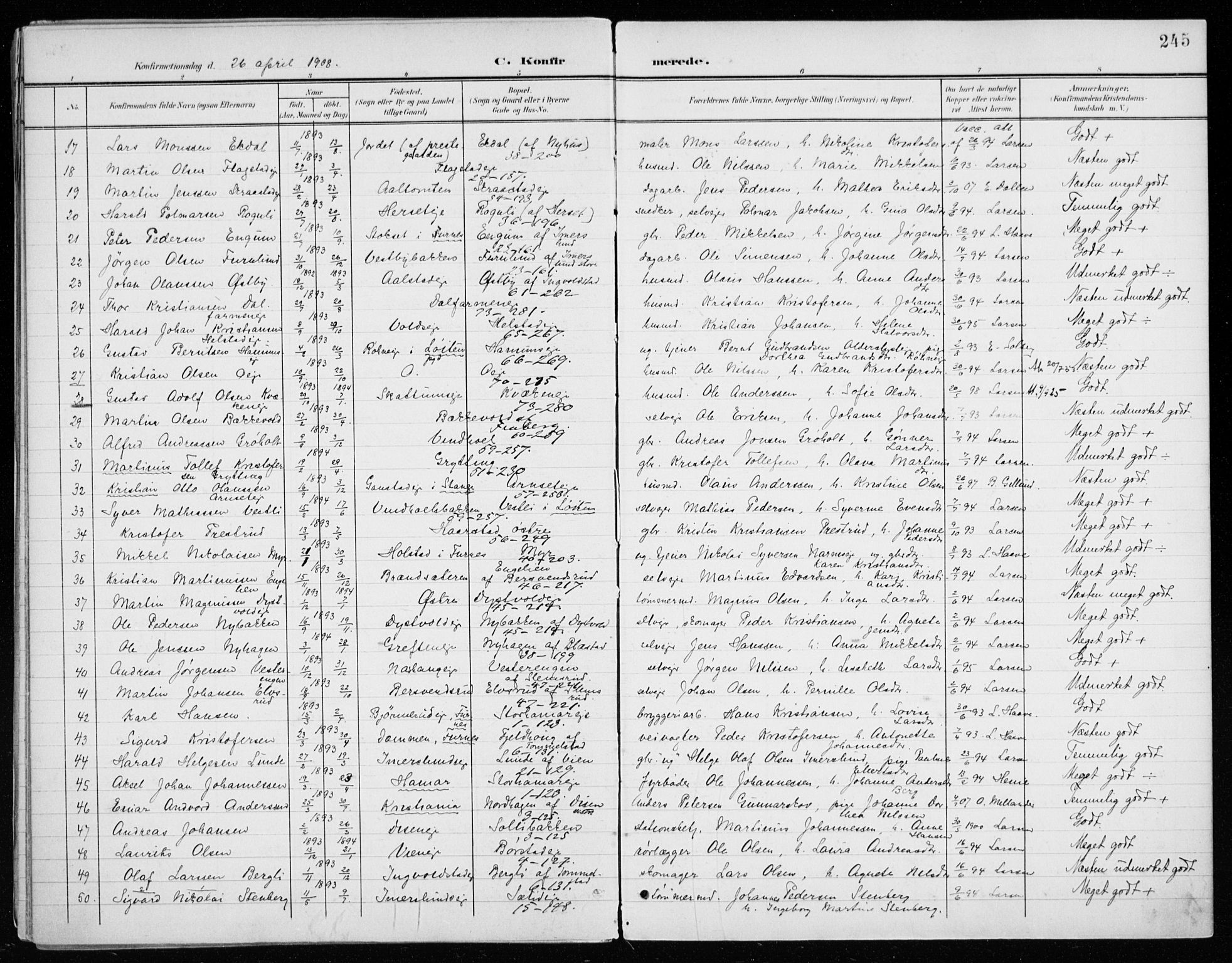 Vang prestekontor, Hedmark, SAH/PREST-008/H/Ha/Haa/L0021: Parish register (official) no. 21, 1902-1917, p. 245