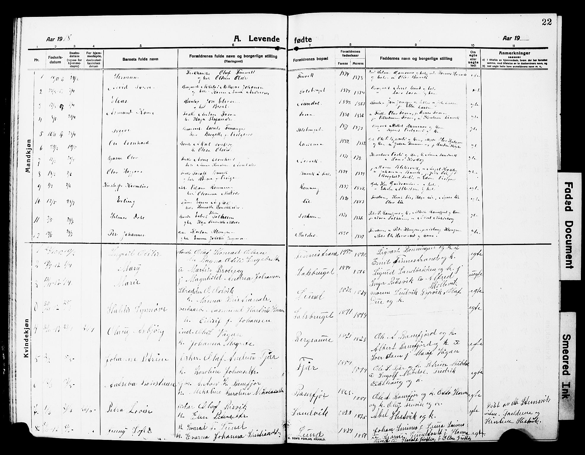 Ministerialprotokoller, klokkerbøker og fødselsregistre - Nord-Trøndelag, SAT/A-1458/780/L0653: Parish register (copy) no. 780C05, 1911-1927, p. 22