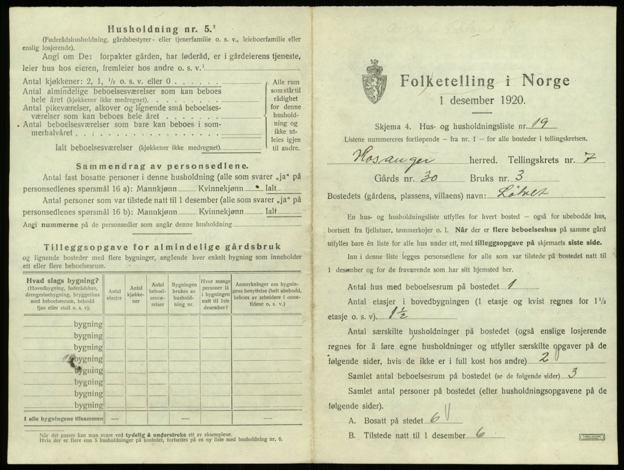 SAB, 1920 census for Hosanger, 1920, p. 419