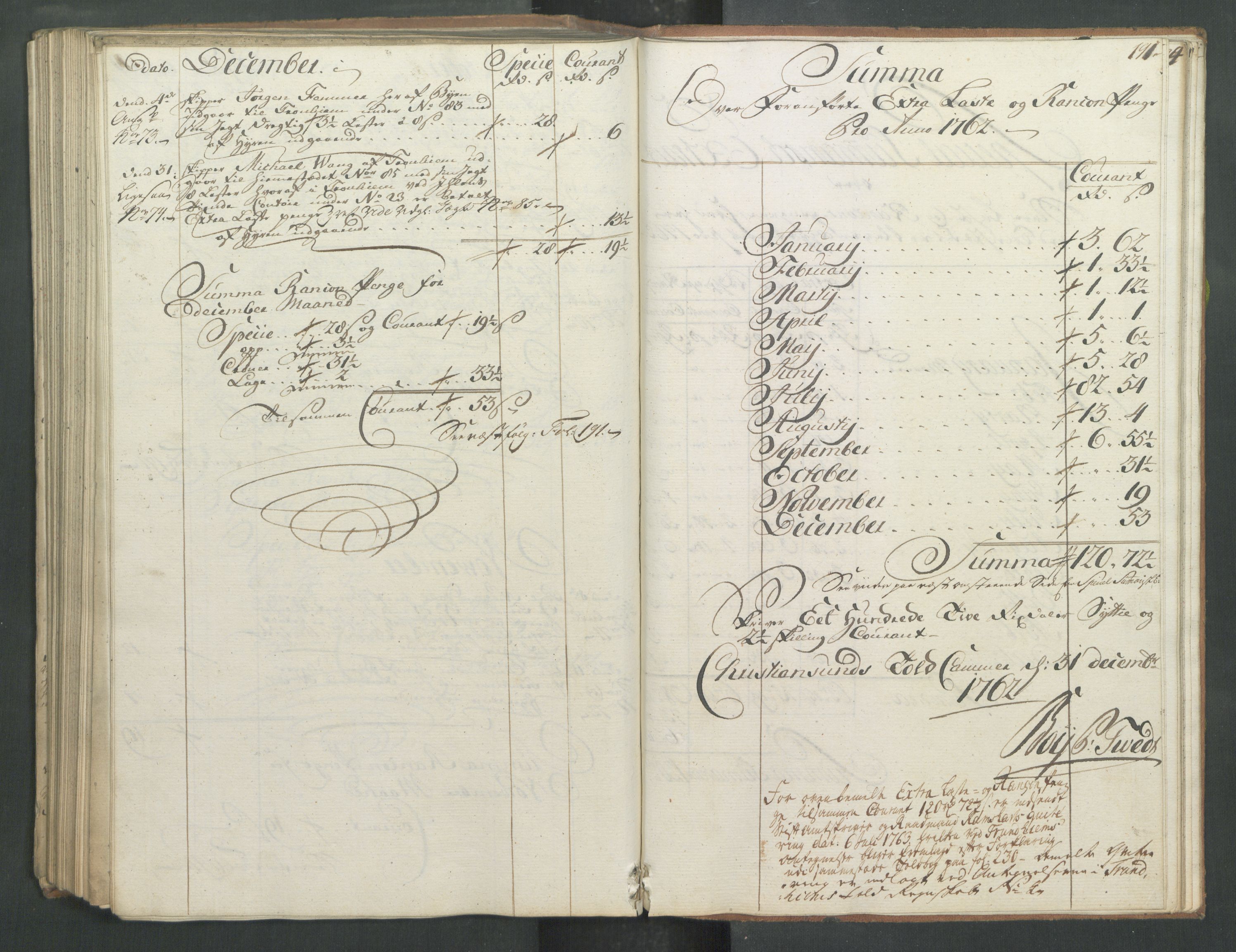 Generaltollkammeret, tollregnskaper, AV/RA-EA-5490/R32/L0019/0001: Tollregnskaper Kristiansund / Hovedtollbok, 1762, p. 190b-191a