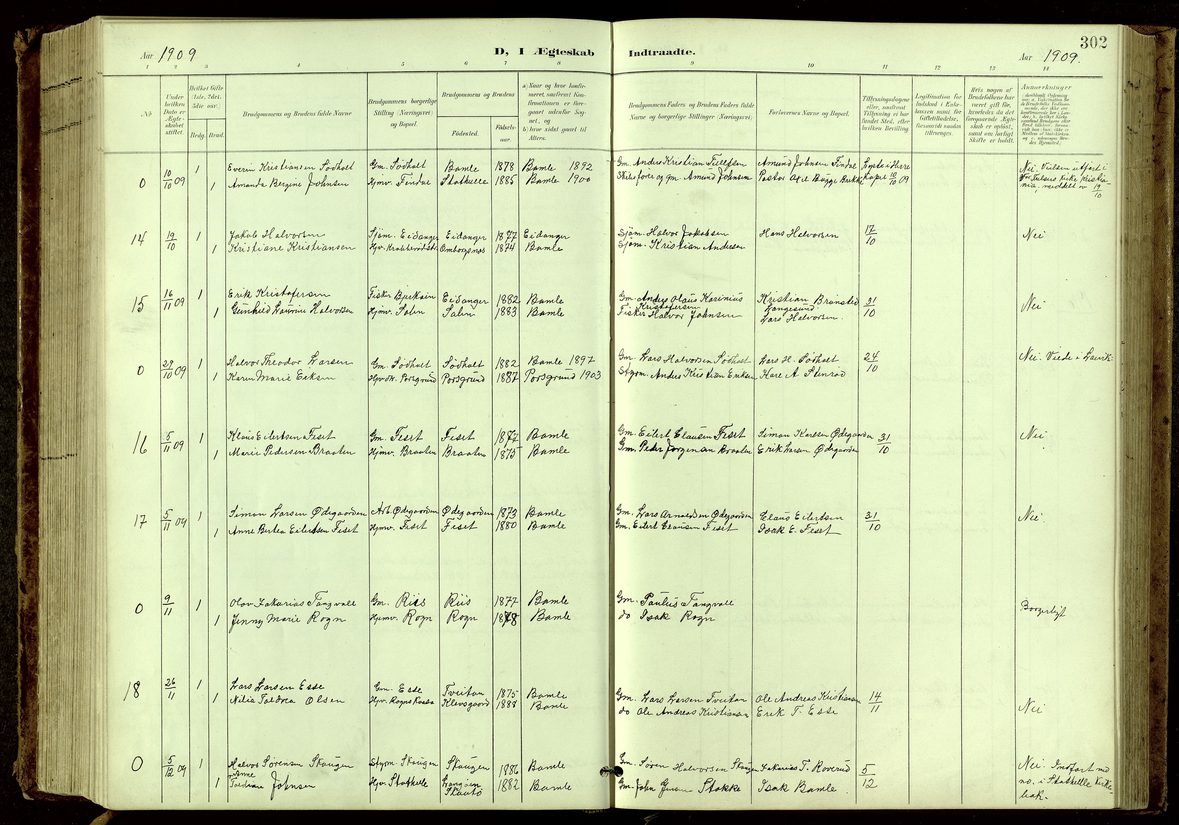 Bamble kirkebøker, SAKO/A-253/G/Ga/L0010: Parish register (copy) no. I 10, 1901-1919, p. 302