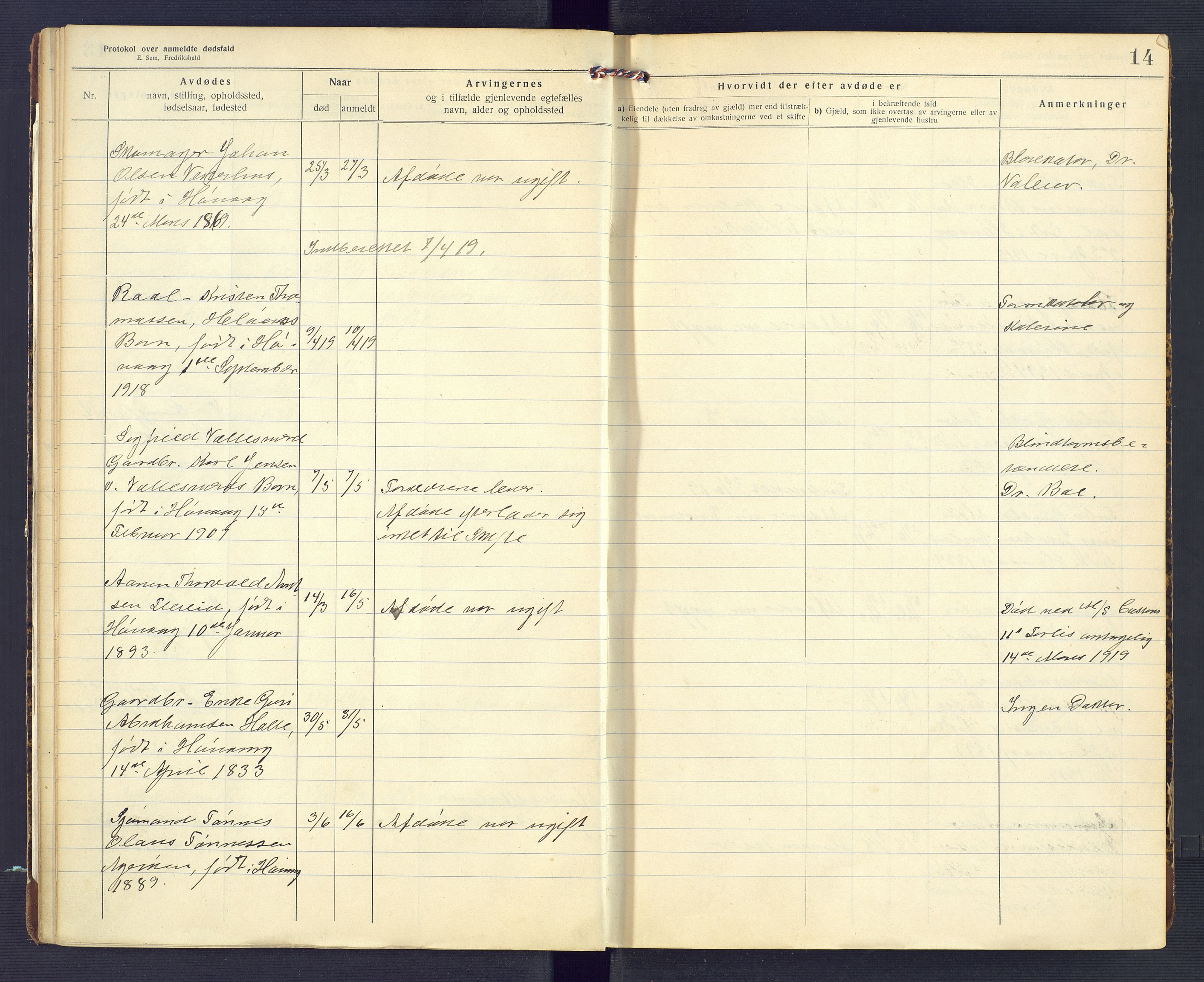 Høvåg lensmannskontor, AV/SAK-1241-0024/F/Fe/L0041: Protokoll over anmeldte dødsfall, 1916-1933, p. 14