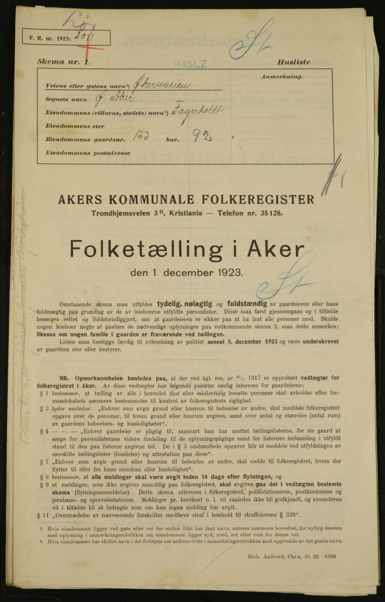 , Municipal Census 1923 for Aker, 1923, p. 35215