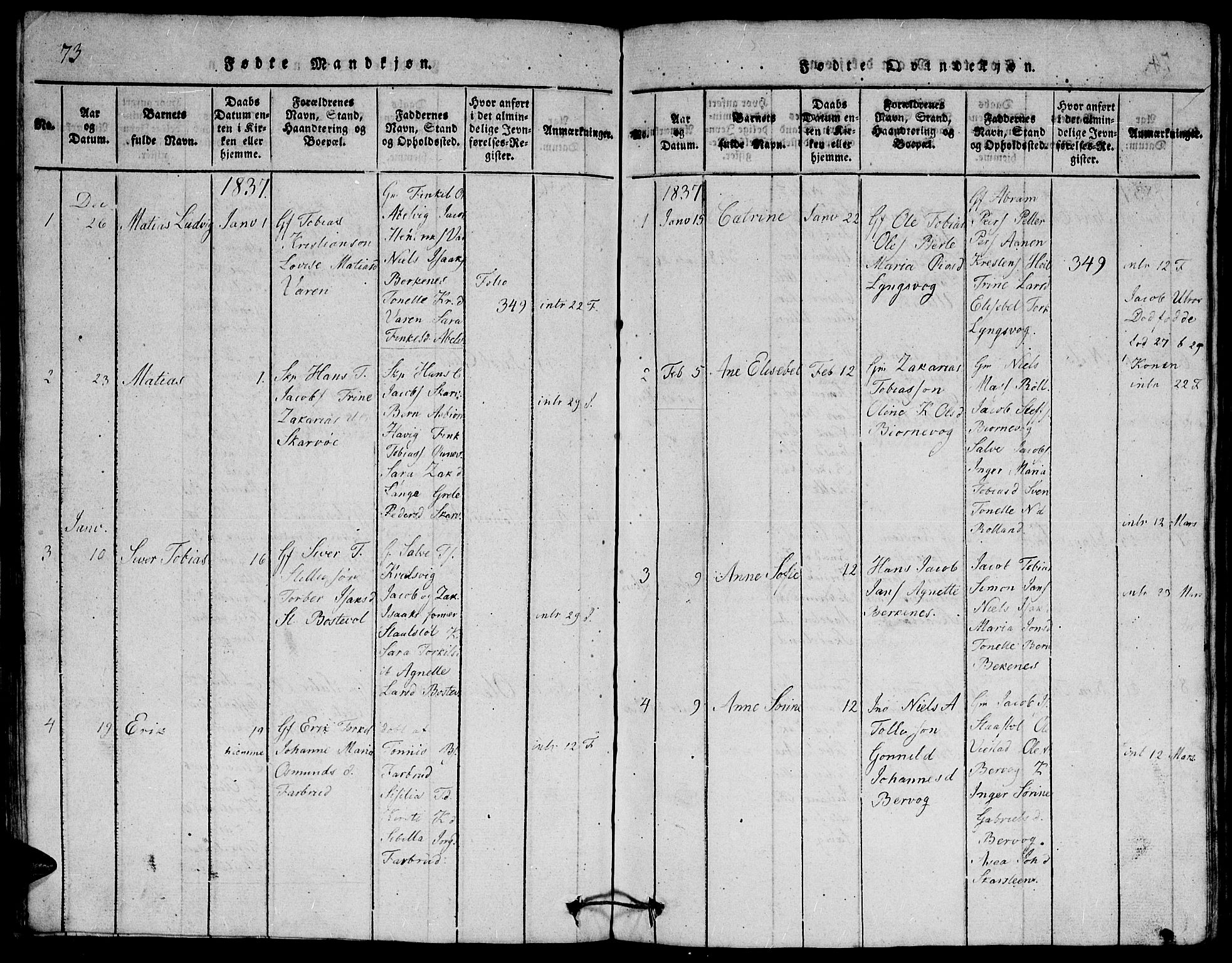 Herad sokneprestkontor, SAK/1111-0018/F/Fb/Fbb/L0001: Parish register (copy) no. B 1, 1815-1852, p. 73