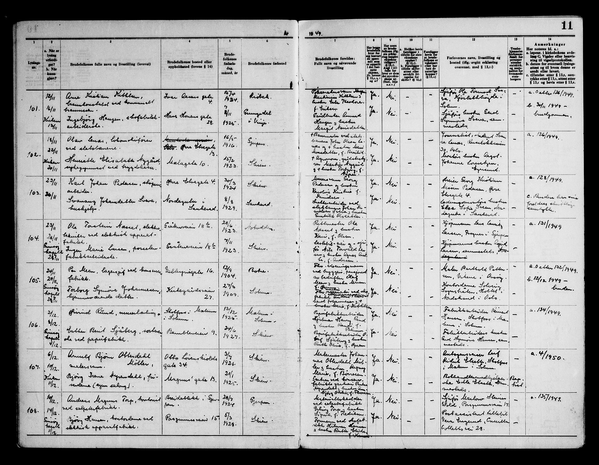 Skien kirkebøker, AV/SAKO-A-302/H/Ha/L0003: Banns register no. 3, 1949-1955, p. 11
