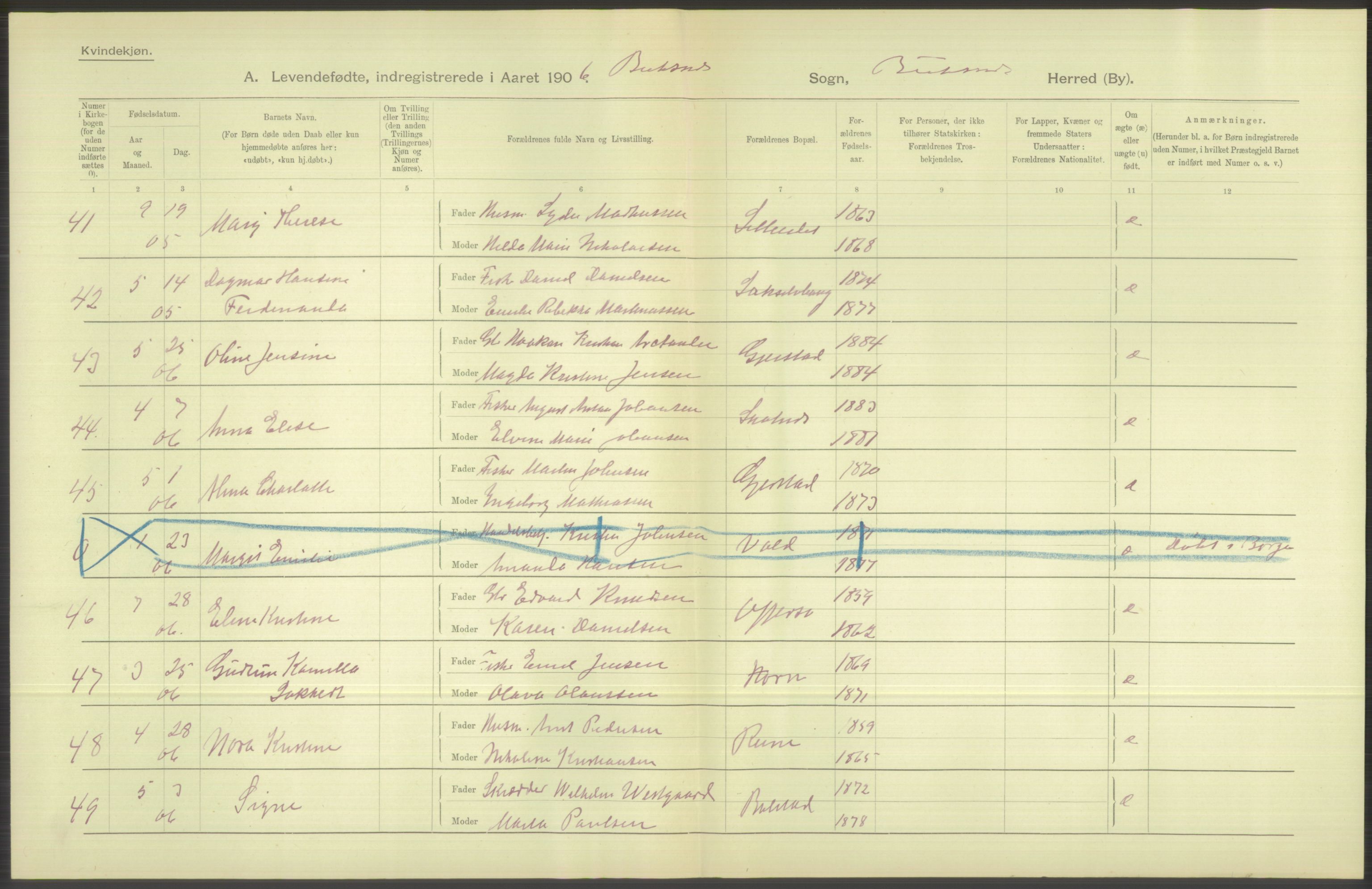 Statistisk sentralbyrå, Sosiodemografiske emner, Befolkning, AV/RA-S-2228/D/Df/Dfa/Dfad/L0044: Nordlands amt: Levendefødte menn og kvinner. Bygder., 1906, p. 100