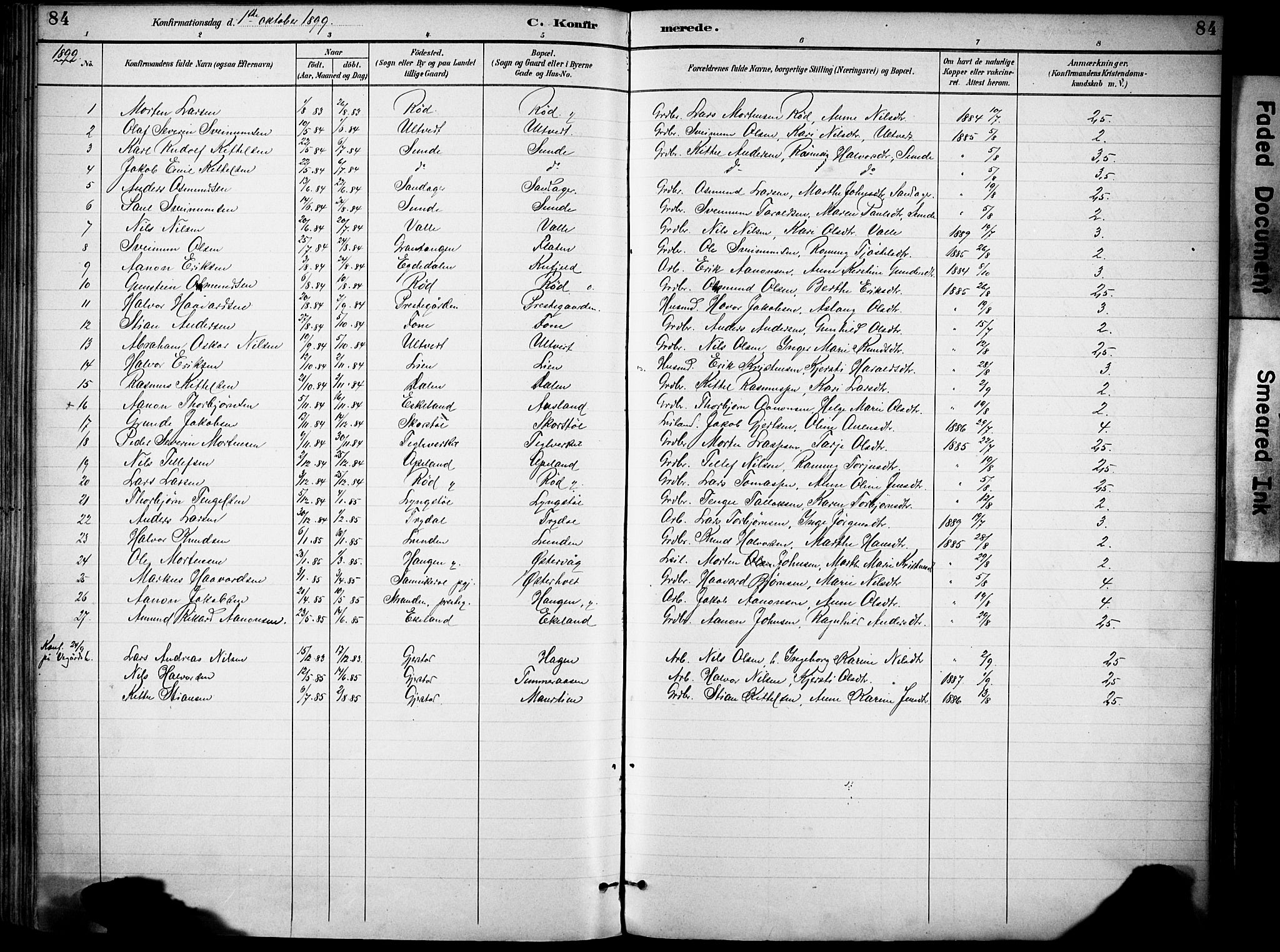 Gjerstad sokneprestkontor, AV/SAK-1111-0014/F/Fa/Faa/L0010: Parish register (official) no. A 10, 1891-1902, p. 84