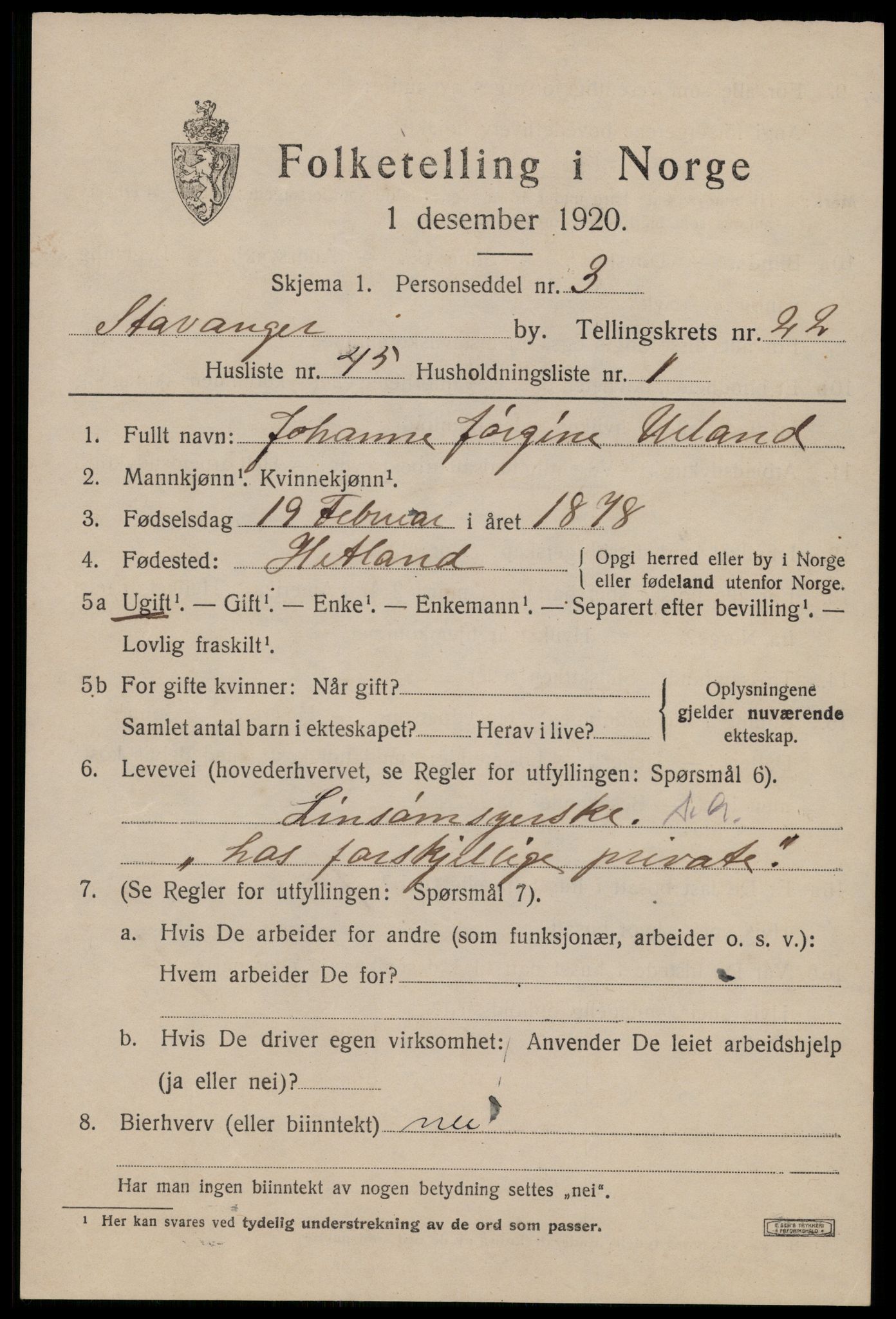 SAST, 1920 census for Stavanger, 1920, p. 74376