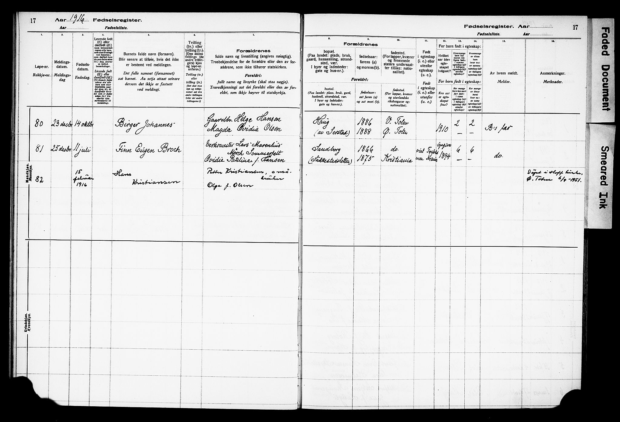 Østre Toten prestekontor, AV/SAH-PREST-104/I/Id/L0001/0001: Birth register no. 1.1, 1916-1928, p. 17