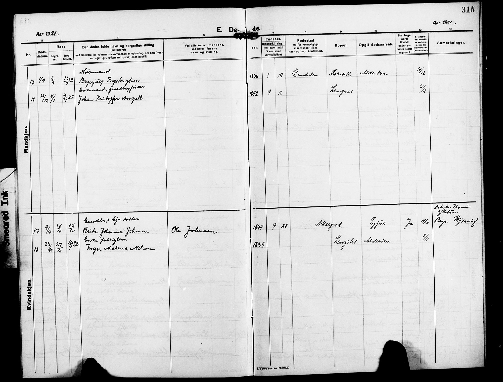 Skjervøy sokneprestkontor, AV/SATØ-S-1300/H/Ha/Hab/L0009klokker: Parish register (copy) no. 9, 1911-1926, p. 315